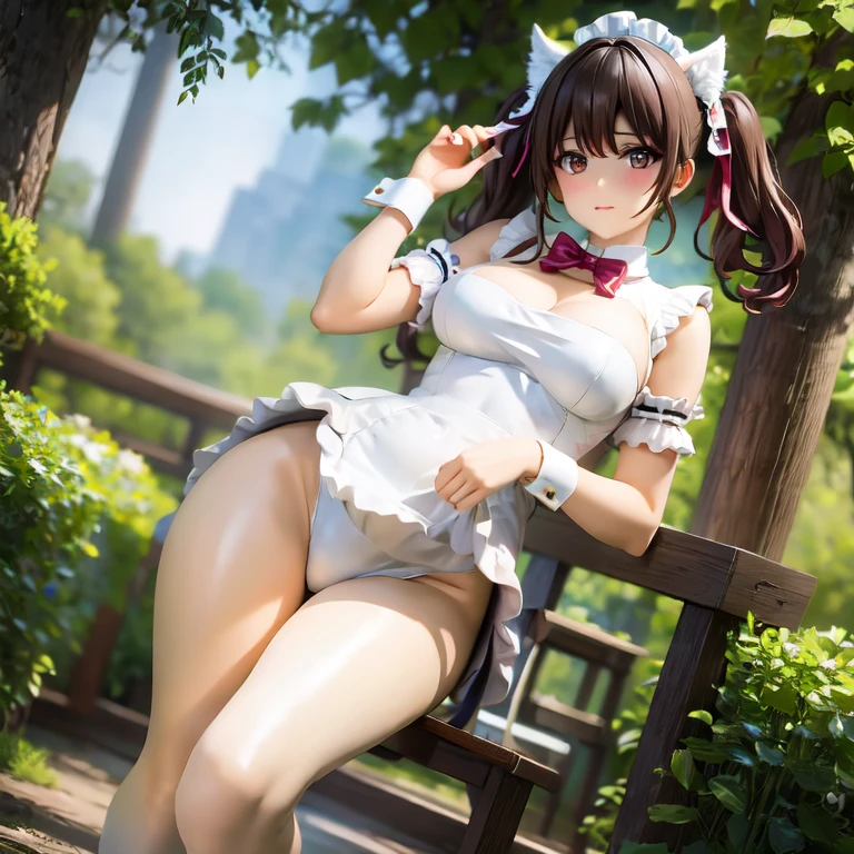 there is a woman in a bunny suit posing for a picture, gorgeous maid, cosplay of a catboy! maid! dress, twintails white_gloves, smooth white tight clothes suit, anime girl cosplay, a ???? maid in a magical forest, wearing white leotard, maid outfit, milky white skin, anime girl in a maid costume