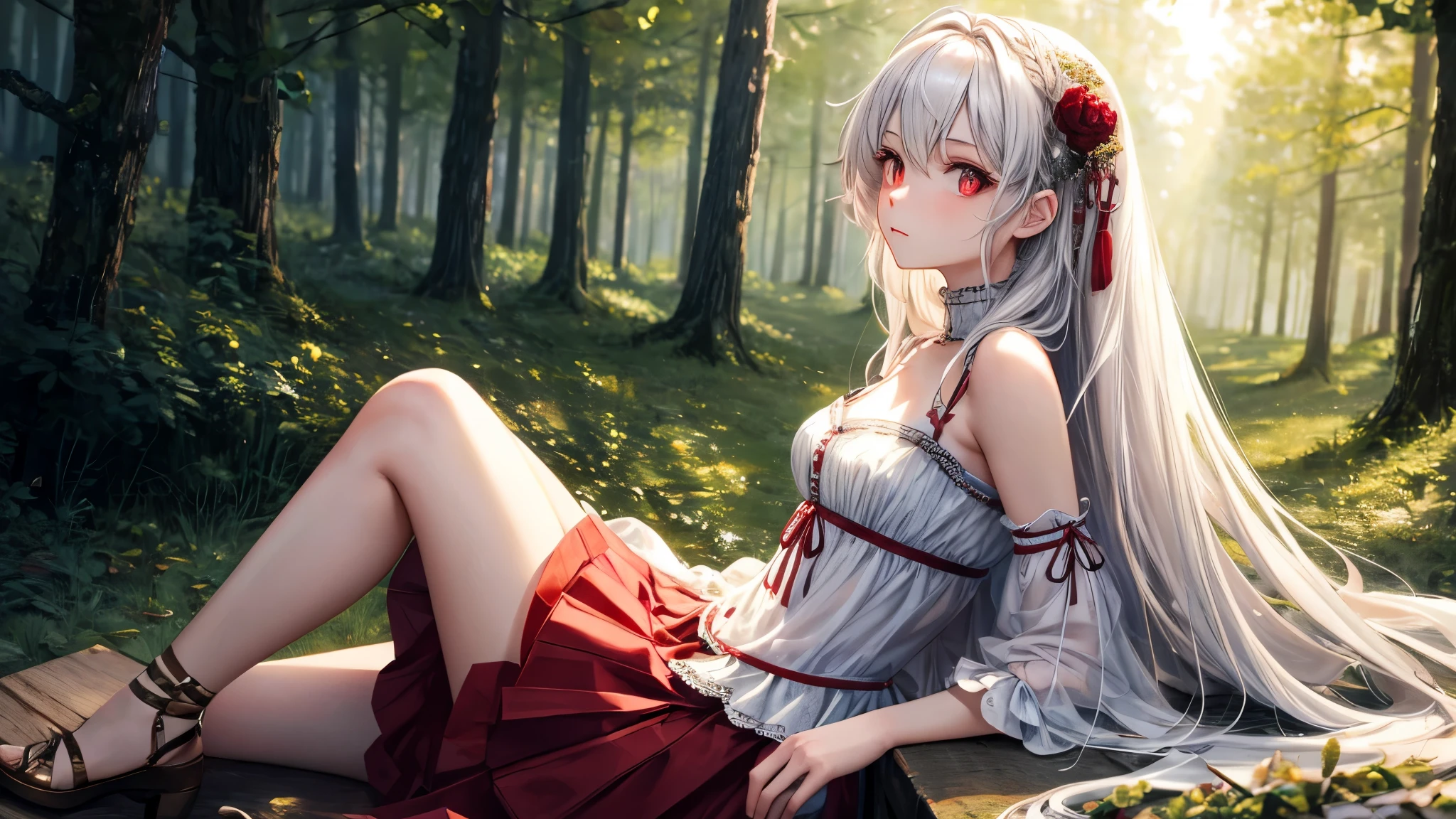 silber hair、red eyes、One pretty girl、独奏、animesque、flower field、red blush、Blue off-the-shoulder clothing、a miniskirt、Sitting on a chair、Underwear is slightly visible