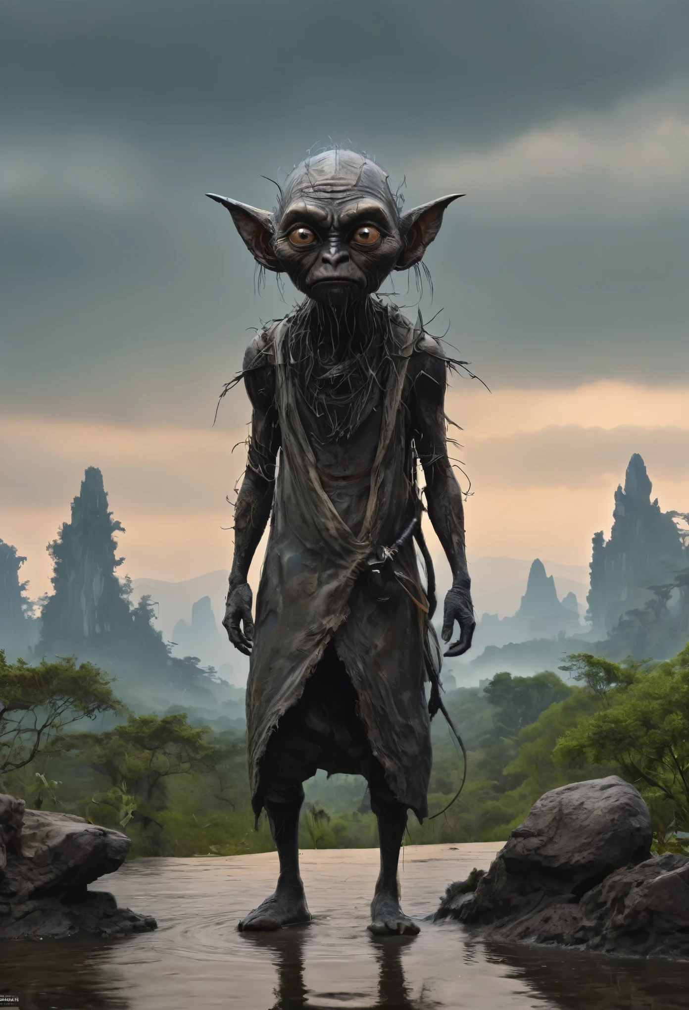 full-body-shot,Very tall , who can't fly,Cinematic, Technicolor,natural skin textures, hyper realisitc, hyper detailed,Extremely detailed,High contrast,Realistic,Chalsedoon goblin, back view,full body length,evil ghost,Hobgoblin,pretty face,intricate details,realistic humid skin,extremely intricate details,anatomically correct, eyes extremely detailed, high detailed eyes,High contrast,Ultra HD,Retina,HDR,photo,photorealism,Masterpiece, natural skin textures, hyper realism,hyper detailed,High contrast,(HDR:1.4),Realism,Ultra Detailed,irina yermolova, close full body shot,16K resolution,RAW, Nikon Z9,Paul Zizka,full body length,niobium goblin,native irish,pretty face,eyebrow up,full body shot,ominous landscape,niobium gray atmosphere,by art Simon Stalenhag,Nicola Samori,(((Wangechi Mutu))),prime colors,urban,extremely detailed,masterpiece,intricate details,faded,eyes extremely detailed, high detailed eyes,4k resolution,islands levitating above ground, Nikon Z9,scary village of stalkers,Stone Forest in Yunnan Province of China