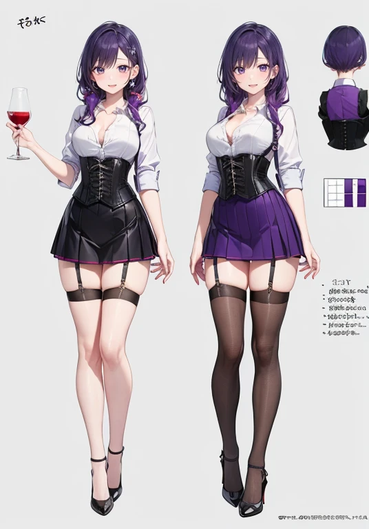 Purple Hair,Shortcuts,Adult female,(((bartender))),((Body Harness)),((Roll up your sleevesYshirt)),(corset),(Tight Skirt),((garter belt)),High heels,((Simple Background)),smile,((whole body)),((whole body)),Character Sheet,