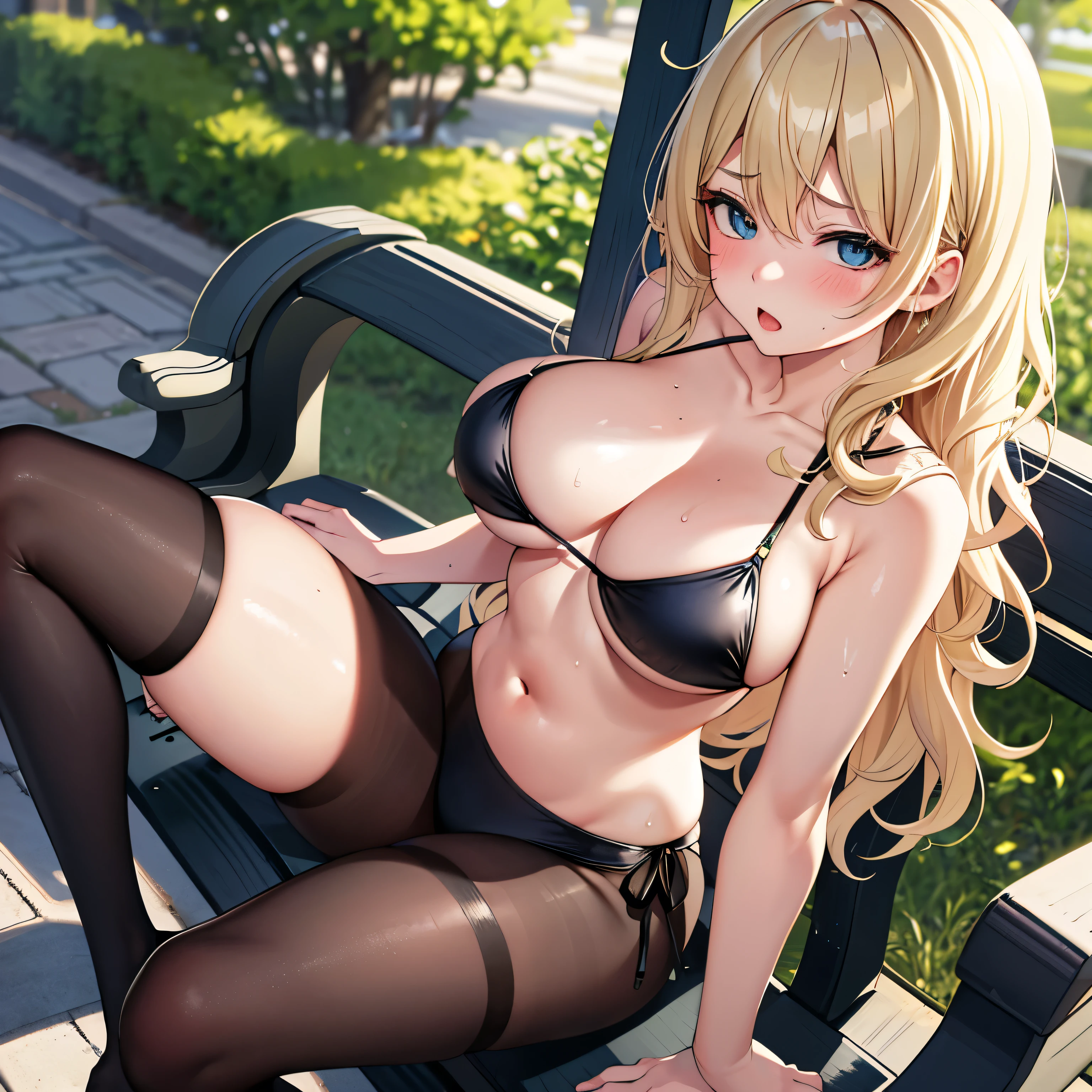 (masterpiece,highest quality, detailed), One girl, alone, Park bench,Clear skies, black tights,bikini, Sweat, Ahegao, Roll your eyes, blush, 、Blonde,Messy wavy long hair,Big B