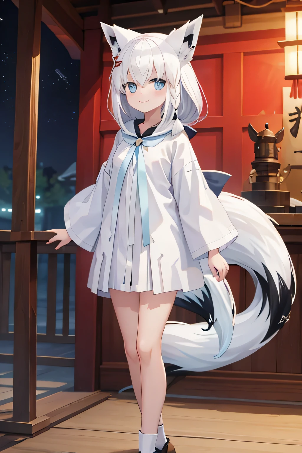 highest quality、smile、Standing in front of a shrine、night、White clothes、Fox ears