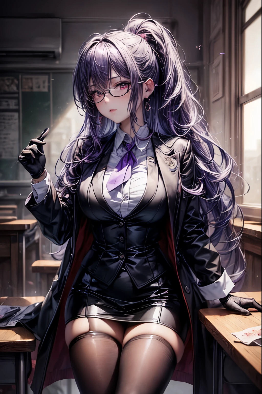 (((Best quality))), (((Ultra detailed))), ((flawless quality)), (intricate details), enigmatic atmosphere, ((beautiful middle-aged anime woman teaching in a classroom)), 1girl, solo, tall, slender, pale skin, ((beautiful detailed hair)), (very long purple hair), (messy hair), ((wavy hair)), (hair between eyes), (hair hiding ears), (ponytail), (messy bangs), crossed bangs, magnificent eyes, luminescent eyes, (red eyes), (sharp eyes), purple glasses, purple earrings, ((black cardigan)), dress shirt, (purple shirt), (purple ribbon tie), ((purple vest)), ((black blazer)), (black skirt), ((black gloves)), ((wearing purple tights)), black heel boots, motherly, serious