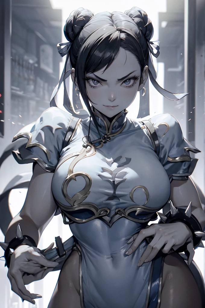 chun li,solo, masterpiece, best quality, agrias, grey sweater, black leotard, standing, looking at viewer, short hair,oculos,evil smile, evil look,luvas preta,roupa azul,yandere rosto,low lighting,coxa sarada copo detalhado,olhando para frente

