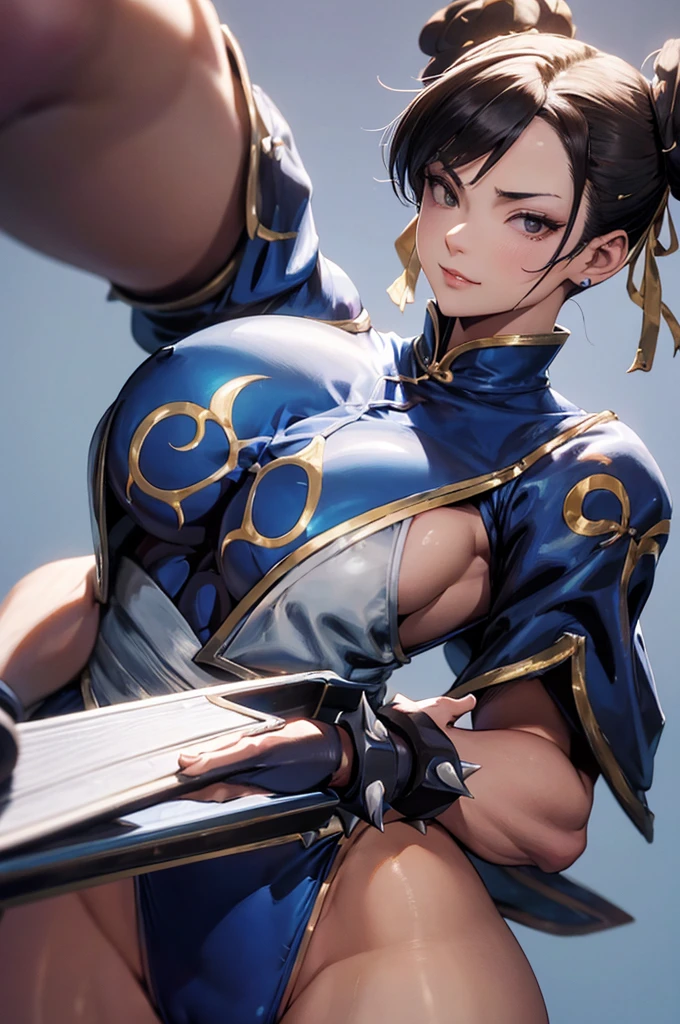 chun li,solo, masterpiece, best quality, agrias, grey sweater, black leotard, standing, looking at viewer, short hair,oculos,evil smile, evil look,luvas preta,roupa azul,yandere rosto,low lighting,coxa sarada copo detalhado,olhando para frente