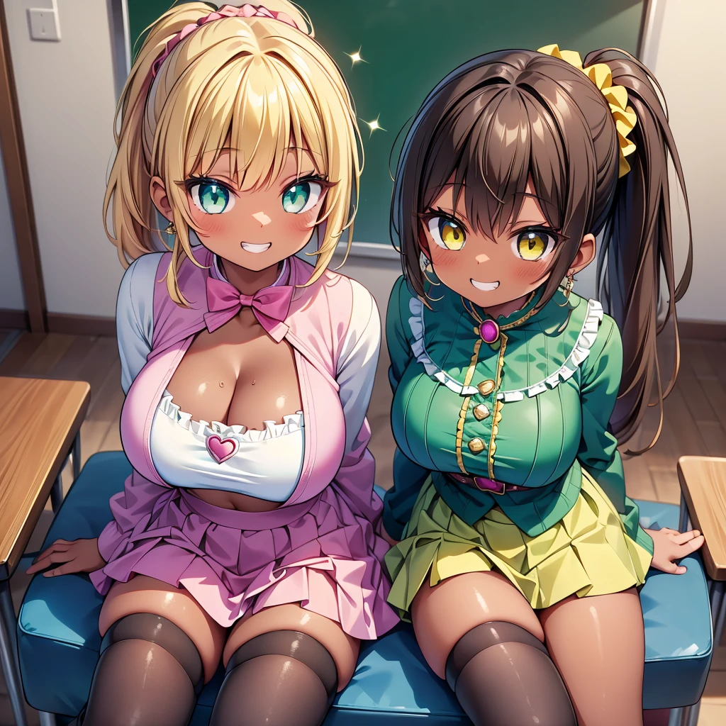 (cute eyes:1.2), (sparkling eyes:1.2), (8K、Best image quality、highest quality、masterpiece)、Detailed face、(2 girls)、Improve、((Brown Skin:1.3))、blonde、Low Ponytail、Scrunchie、Yellow Eyes、Earrings、Wicked Smile、((Grin))、(glamorous:1.2), (huge breasts), (magical pink girl outfit,frill mini skirt:1.1), (cleavage cutout), Sit on a chair、whole body、Taken from above、Classroom Background、 (black stockings:1.1), (Thighs), (Waistline)