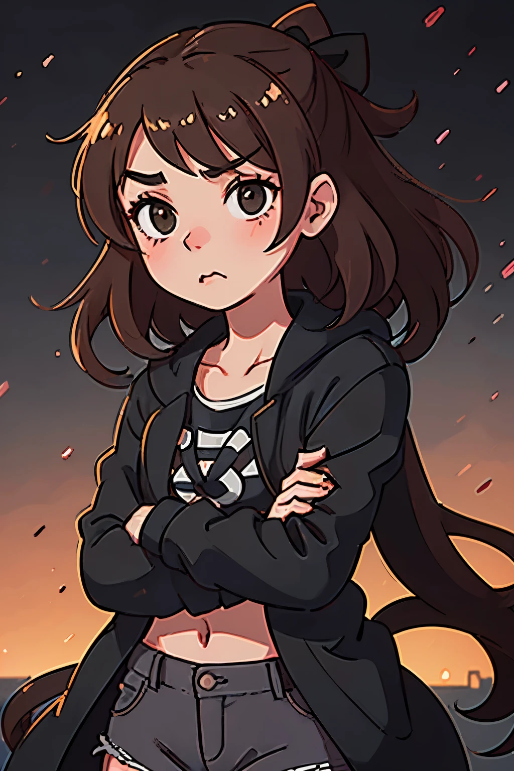 1 cute girl with a pouty face and crossed arms, long brown hair with a black bow, wearing a black coat with a red undershirt with ripped jeans, Background in the busy streets of New York City., blush, shy, cinematic lighting, bloom, film grain, super detail, best quality, anatomically correct