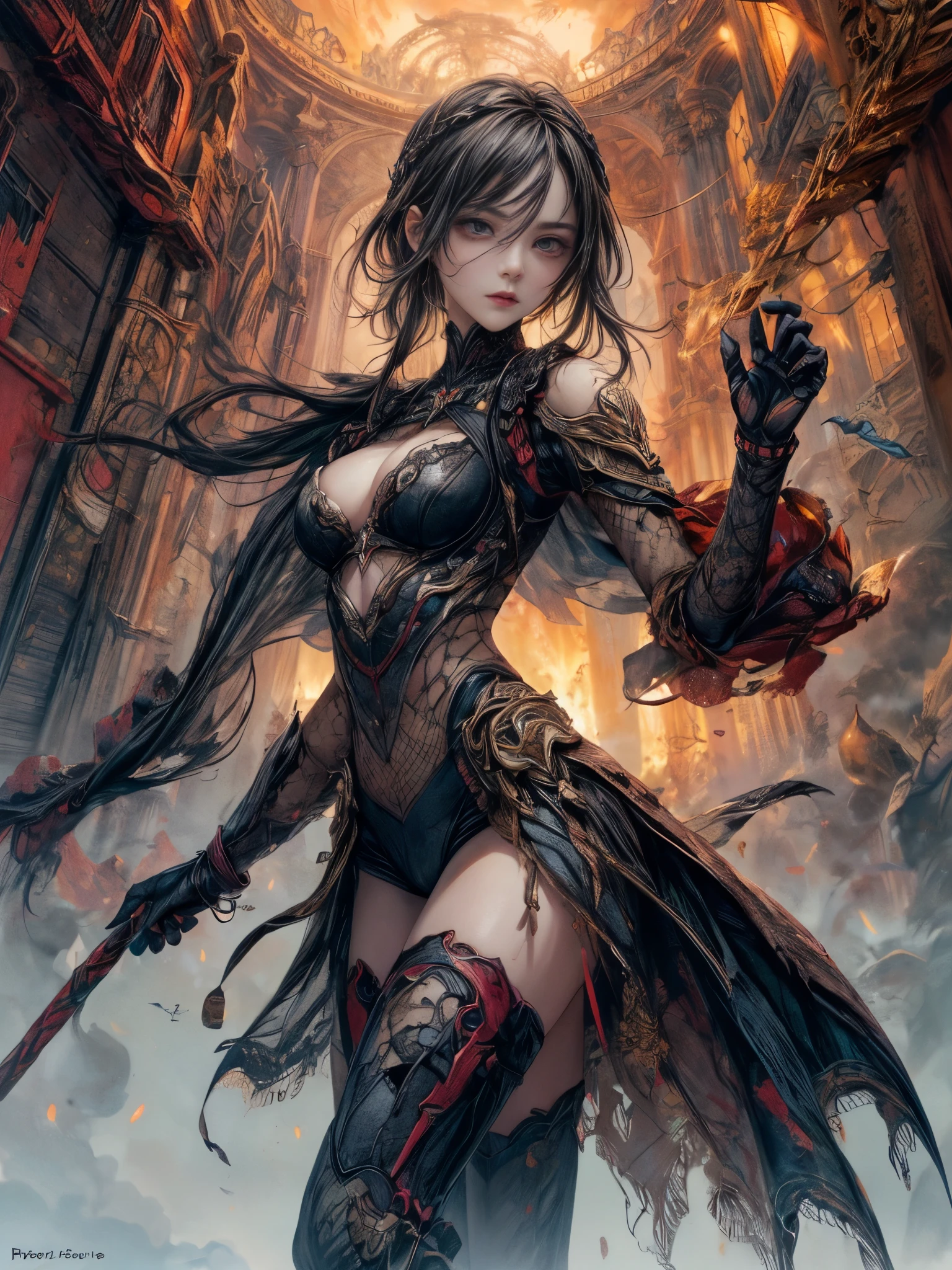 oscuro y desgarrado, 1 joven hermoso cuerpo musculoso, fierce expression, sosteniendo un arma, (colores en su ropa, warm, naranja, amarillo, Violeta:1.3), standing in a desolate wasteland, dramatic lighting, sombras intensas, textura arenosa, tall contrast, Colores vibrantes, dynamic pose, postura poderosa, fondo rugoso, explosive atmosphere, dystopian theme, elementos surrealistas, digitally painted illustration, High definition resolution, detalles intrincados, dramatic composition, avant-garde and chaotic brushstrokes, Gothic style, emociones intensas, epic scale, raw and gritty feeling, Obras de arte cautivadoras y provocativas..