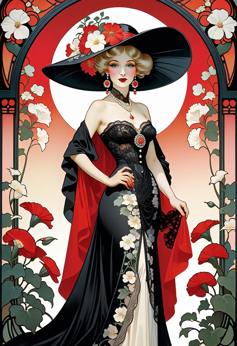 Alfons Maria Mucha full body shot, wearing a black oversized sun hat that slightly covers one eye, applying vibrant red lipstick, adorned with red and white gradient floral-shaped earrings, dressed in an elegant long gown with black lace shawl featuring white floral patterns. The background consists of lace-like patterns made from an abundance of flowers and vines. (best quality,ultra-detailed), (portraits,art nouveau), (vibrant colors,high contrast), (soft ambient lighting)