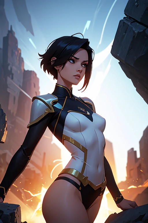 Masterpiece, digital artwork, A gorgeous woman, sidecut hair, small breasts, flat chest, skimpy outfit, highly detailed, dynamic volumetric lighting,