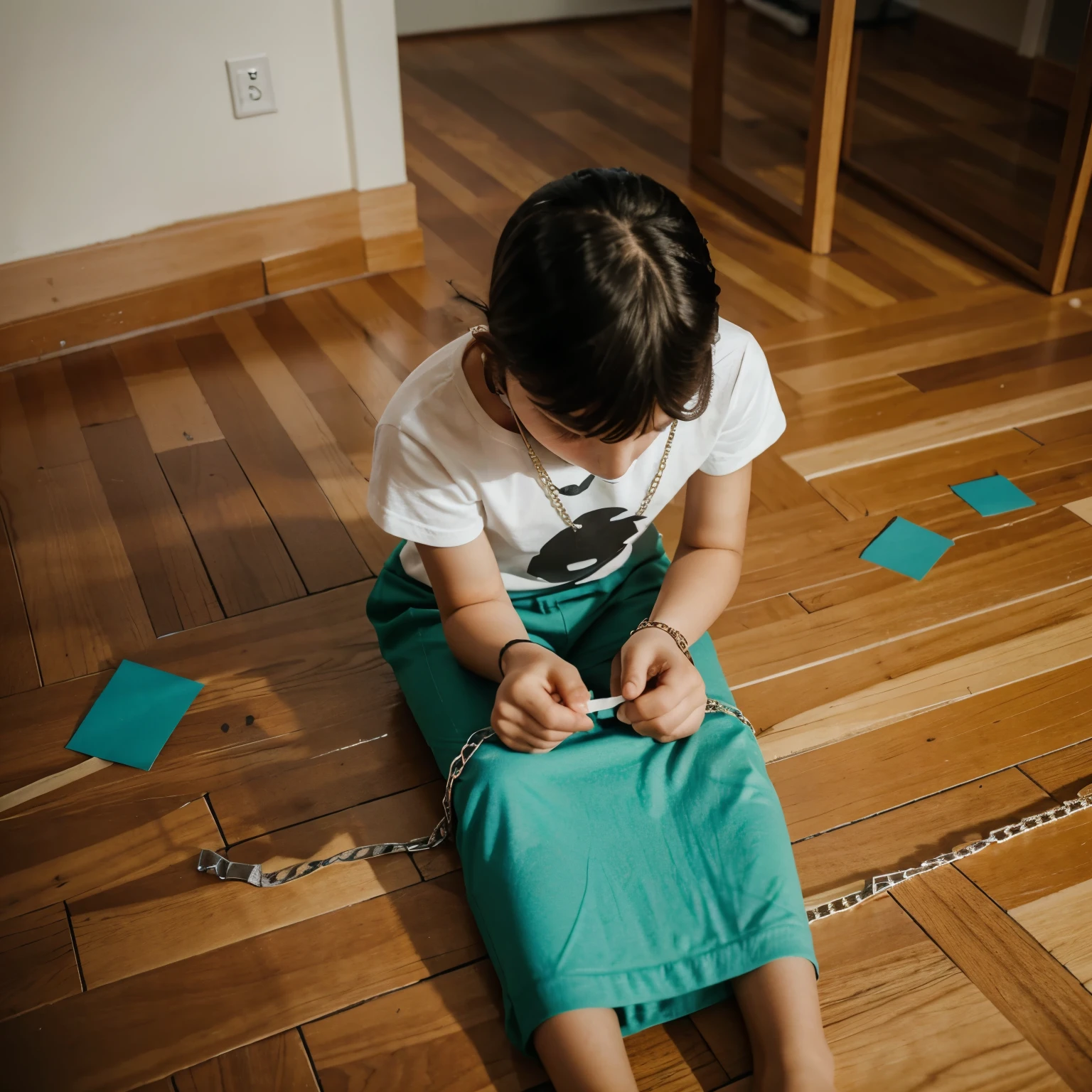 Kids cutting out paper people chain looking sad on the floor