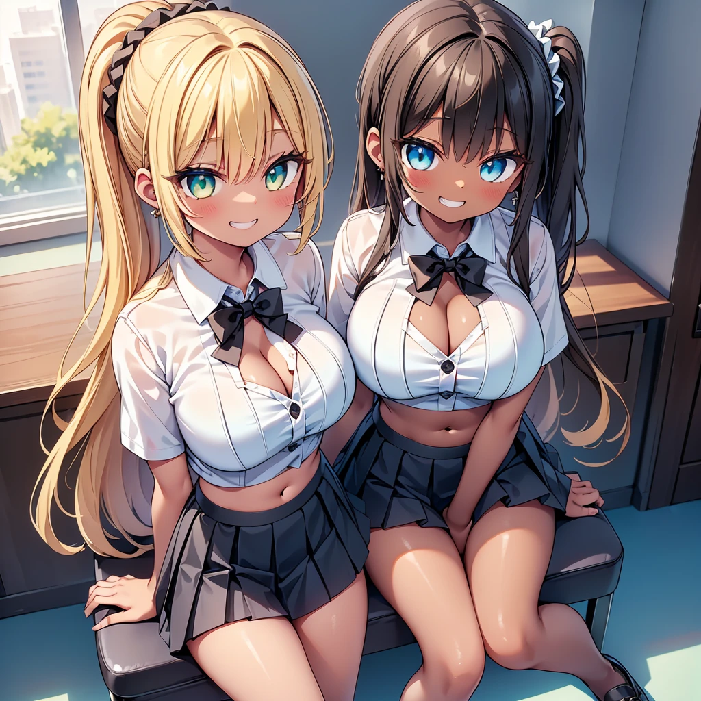 (cute eyes:1.2), (sparkling eyes:1.2), (8K、Best image quality、highest quality、masterpiece)、Detailed face、(2 girls)、Improve、((Brown Skin:1.3))、blonde、Low Ponytail、Scrunchie、Yellow Eyes、Earrings、Wicked Smile、((Grin))、 (skinny body:1.1), (huge breasts)、((White collared shirt))、(cleavage cutout:1.2), (crop top navel), Cleavage、((Black pleated skirt))、((mini skirt))、White socks、loafers、Sit on a chair、whole body、Taken from above、Classroom Background、 (black stockings:1.1), (Thighs), (Waistline),(from above)