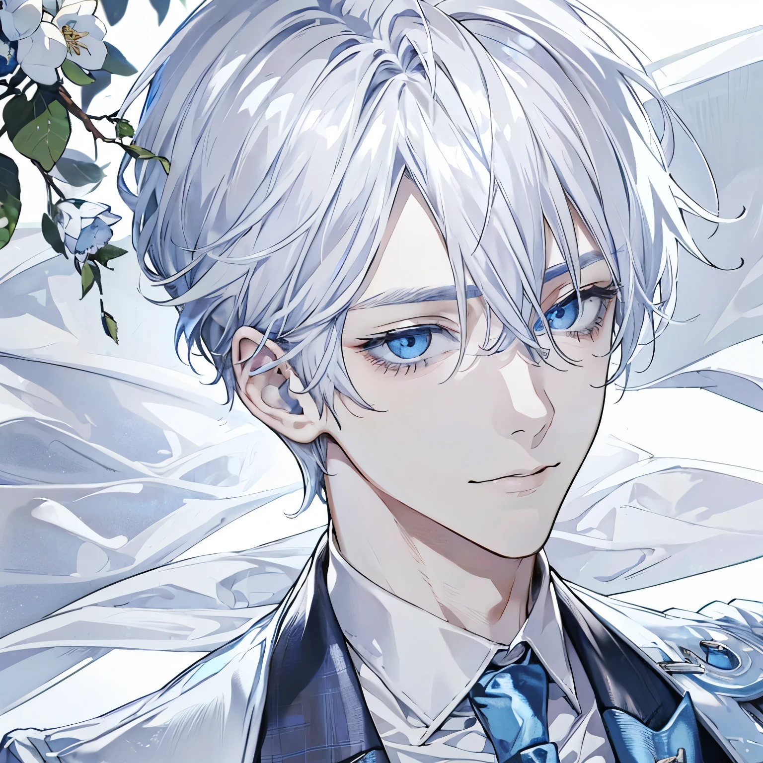 high resolution、high quality、Gray Hair、blue eyes、Blue clothes、So frivolous