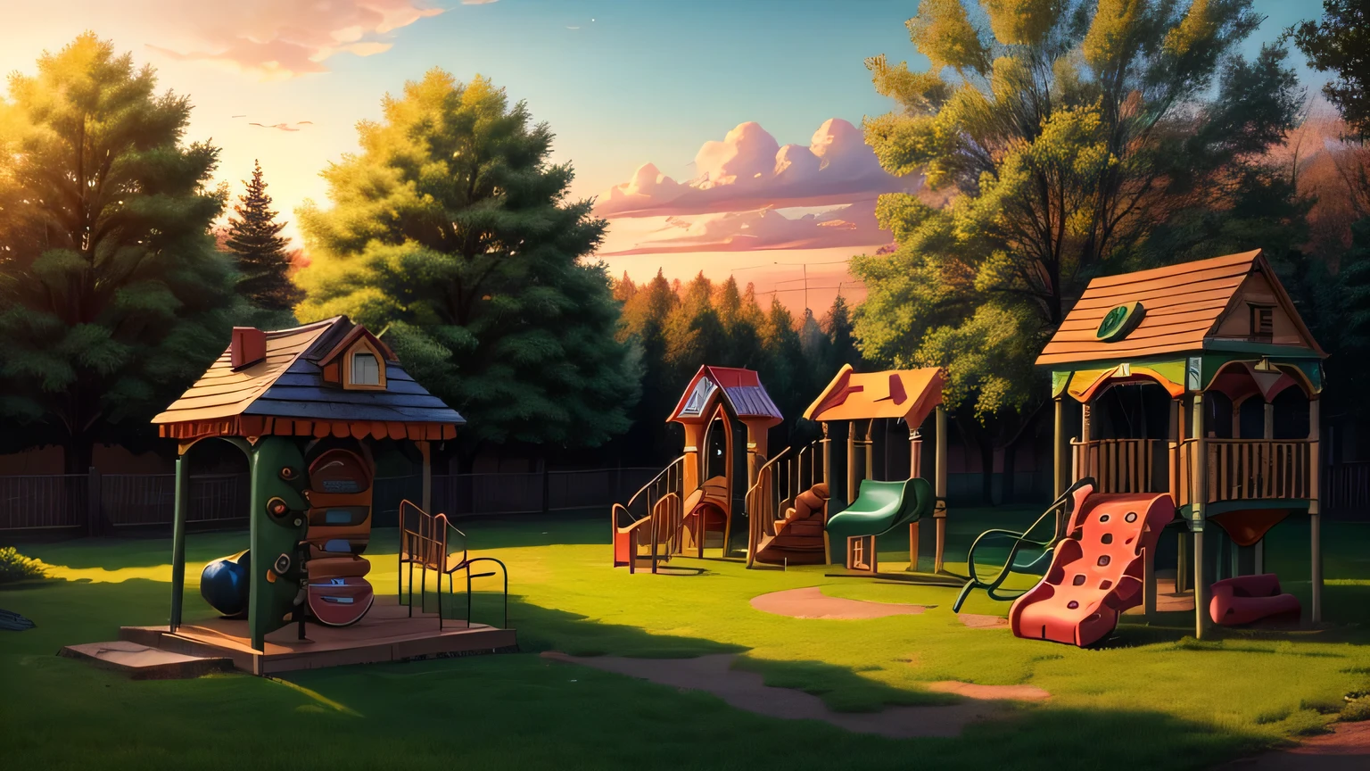 Soviet Retro Style, small old playground, It's almost evening, the sun sets behind the trees in the background and shines towards the site
