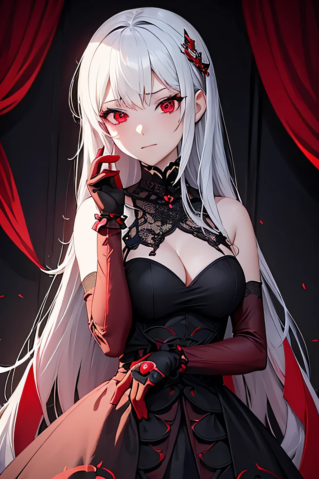 woman in a black and red dress, girl wearing a black and red dress, in dress, beautiful alluring woman, cute waifu in a nice dress, gothic maiden girl, red eyes, white hair, 8k high quality detailed art, beautiful anime girl, guweiz, beautiful anime woman, attractive anime girl, hands behind back