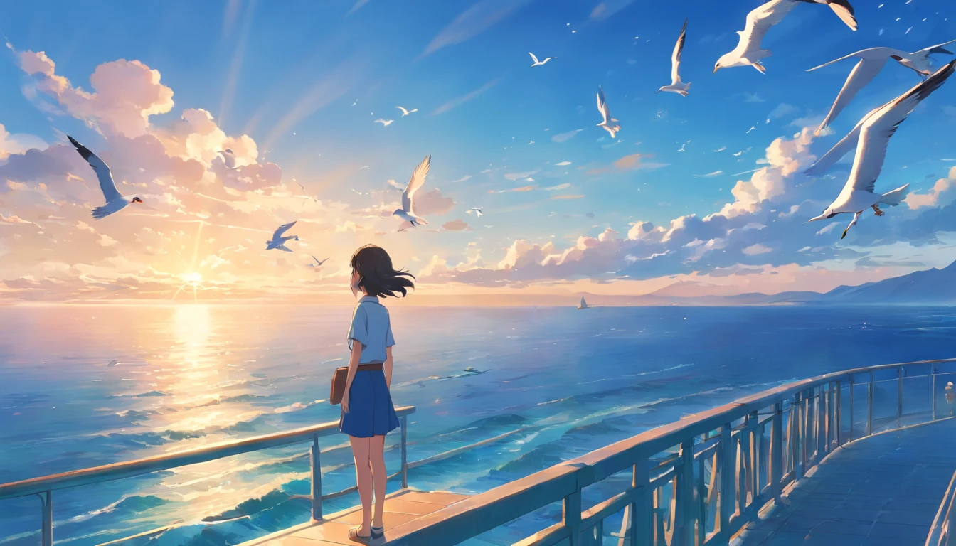 The sea seen from the heights,The sky is the universe,Seagulls fly around,A girl is looking at the sea,Side shot