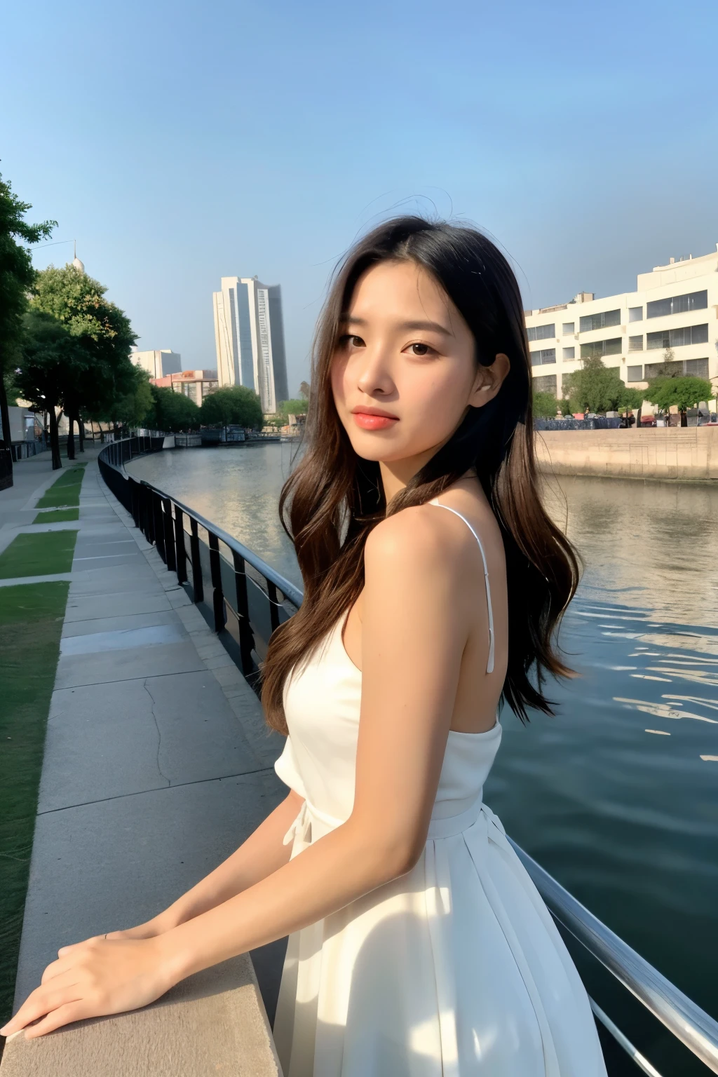 1 Girl,seaside,Soft Light,Chinese Beauty,Suspender dress
