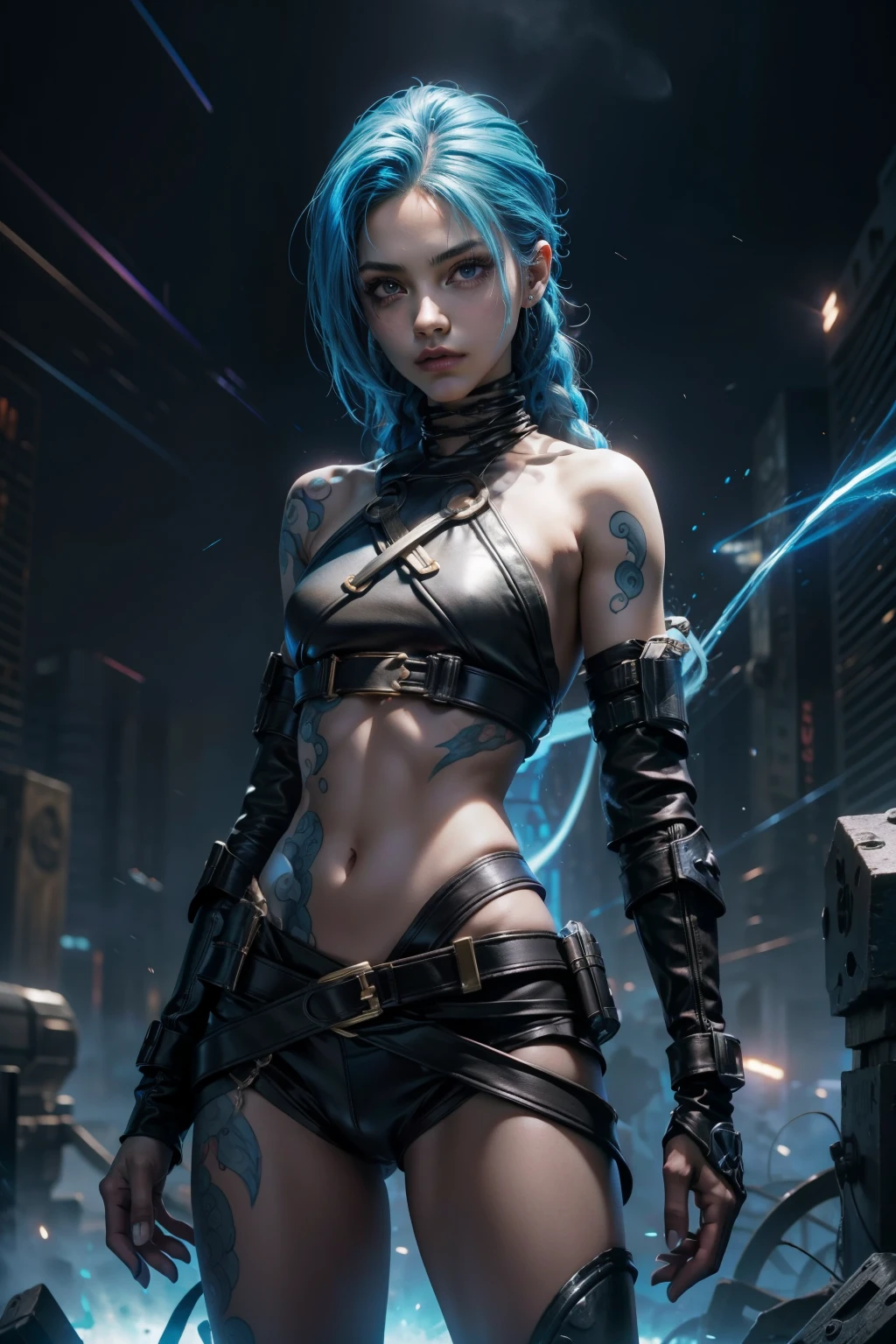 mujer. women. girl. jinx ( boy in soul body with blue and black ray particles emitting around him.), 3d representation, movie special effects, movie lighting, ciudad en ruinas, claro HD, 8k resolution, Muy detallado, pintura digital, arte conceptual, Estilo Shinkai Makoto, estallido estallidoularization trend, estallido, estallido trend, estallido trend on pixiv.