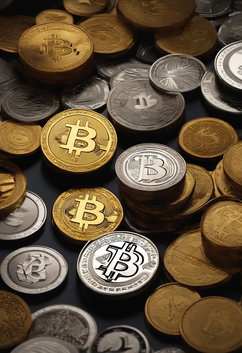 The image shows a collection of encrypted digital currencies such as Bitcoin, Ethereum, Litecoin, and others. These currencies are diverse in colors and shapes. Each type of coin appears clearly and accurately, with fine details in the design and logos. The coins can be viewed from different angles, showing their attractive details. The background behind the coins may be simple to highlight the coins better. The lighting is strong and highlights small details to highlight the beauty and splendor of digital currencies
