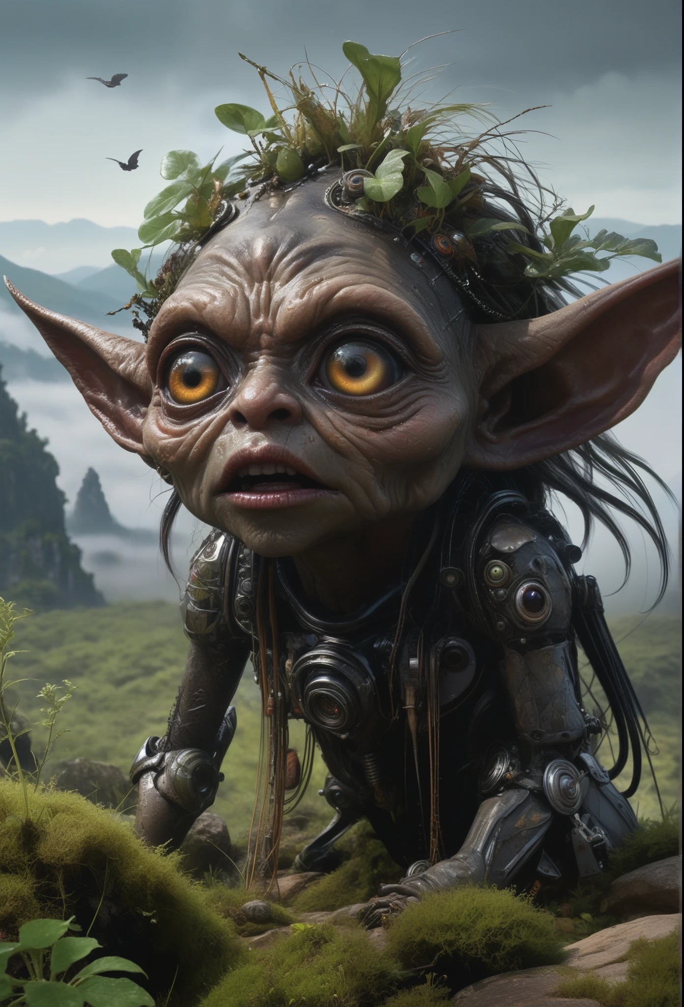 full-body-shot,Very tall , who can't fly,Cinematic, Technicolor,natural skin textures, hyper realisitc, hyper detailed,Extremely detailed,High contrast,Realistic,Chalsedoon goblin, back view,full body length,evil ghost,Hobgoblin,pretty face,intricate details,realistic humid skin,extremely intricate details,anatomically correct, eyes extremely detailed, high detailed eyes,High contrast,Ultra HD,Retina,HDR,photo,photorealism,Masterpiece, natural skin textures, hyper realism,hyper detailed,High contrast,(HDR:1.4),Realism,Ultra Detailed,irina yermolova, close full body shot,16K resolution,RAW, Nikon Z9,Paul Zizka,full body length,niobium goblin,native irish,pretty face,eyebrow up,full body shot,ominous landscape,niobium gray atmosphere,by art Simon Stalenhag,Nicola Samori,(((Wangechi Mutu))),prime colors,urban,extremely detailed,masterpiece,intricate details,faded,eyes extremely detailed, high detailed eyes,4k resolution,islands levitating above ground, Nikon Z9,scary village,stalker,Stone Forest in Yunnan Province of China