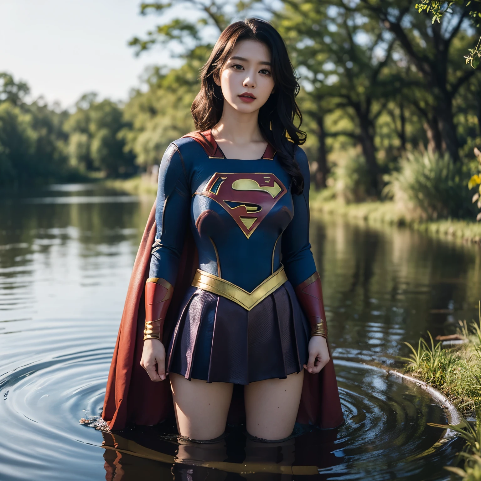 Beautiful Supergirl portrait、(Accurate Supergirl costume:1.3)、Glaring at the enemy、Open your mouth、Thigh、(Emphasize large breasts:1.3)、Studio shot、White background、Sunlight、front、Swamp、(Countless slugs crawling on my body:1,6)、(Slugs in the mouth:1.6)、