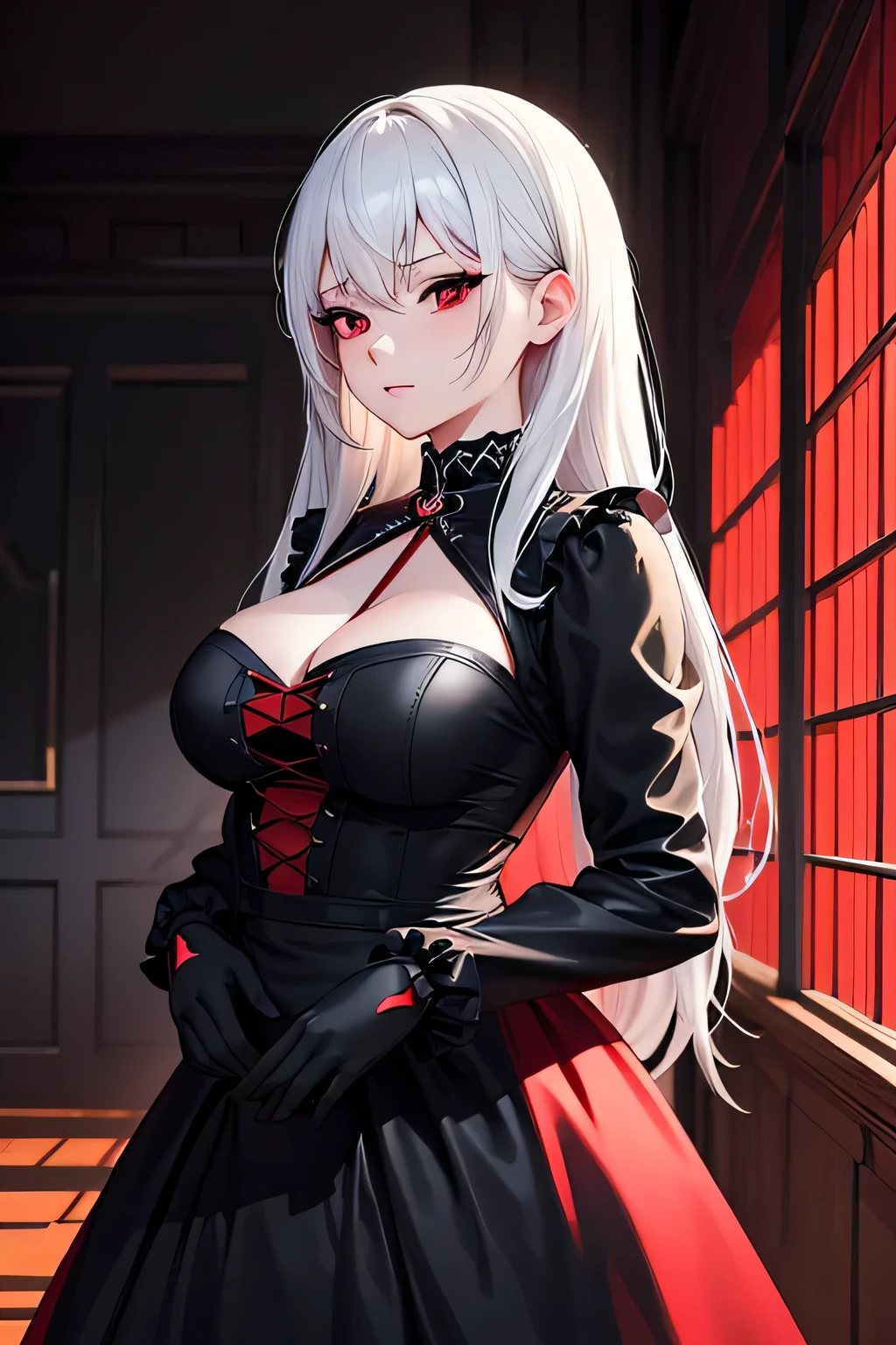 woman in a black and red dress, girl wearing a black and red dress, in dress, beautiful alluring woman, cute waifu in a nice dress, gothic maiden girl, red eyes, white hair, 8k high quality detailed art, beautiful anime girl, guweiz, beautiful anime woman, attractive anime girl, hands behind back