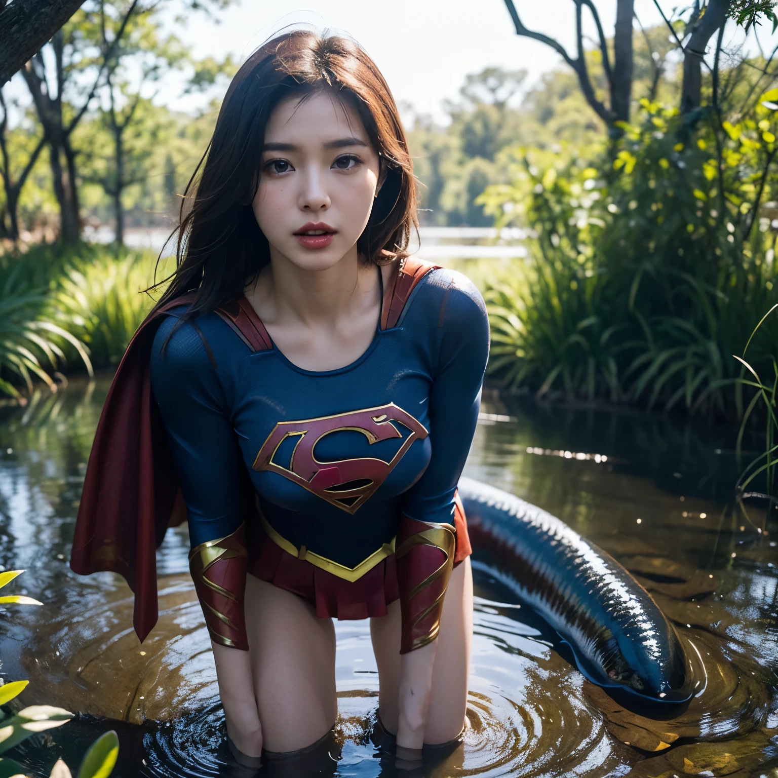 Beautiful Supergirl portrait、(Accurate Supergirl costume:1.3)、Glaring at the enemy、Open your mouth、Thigh、(Emphasize large breasts:1.3)、Studio shot、White background、Sunlight、front、Swamp、(Countless slugs crawling on my body:1,6)、(Slugs in the mouth:1.6)、