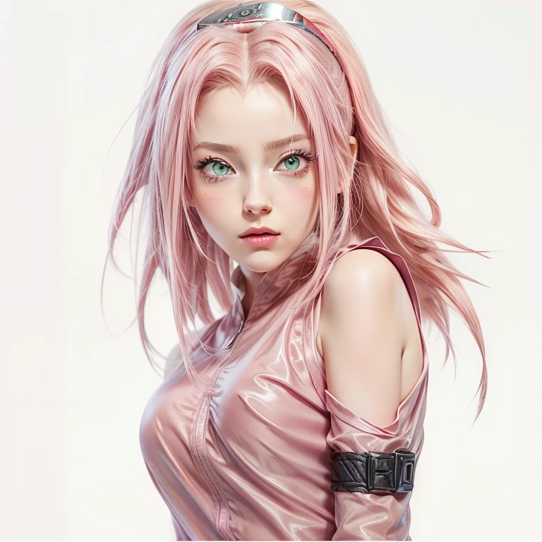 (masterpiece:1.2, best quality), 1girl,solo, large breasts, full body, headband, pink hair, short hair, green eyes, lipstick, red dress, bare shoulder, looking back, sakura, haruno_sakura, naked, sexy, transparent kimono.little pubic hair, silver pubic hair, white skin with a pinkish tint, beautiful lips, perfect mouth, pink eyes, wearing red sandals, perfect little feet, pink painted nails, holding a medical record in one hand (long pink nails), holding a syringe in the other hand, orgasmic face, clear liquid dripping from her pussy.
