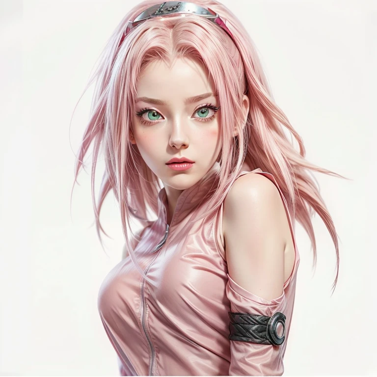 young woman, bubblegum pink hair tied in a bun, wide forehead, porcelain skin, pink eyebrows, emerald green eyes, upturned nose, thick pink lips, heart-shaped face, dark red clothes, Sakura Haruno, realism, well detailed, 3d