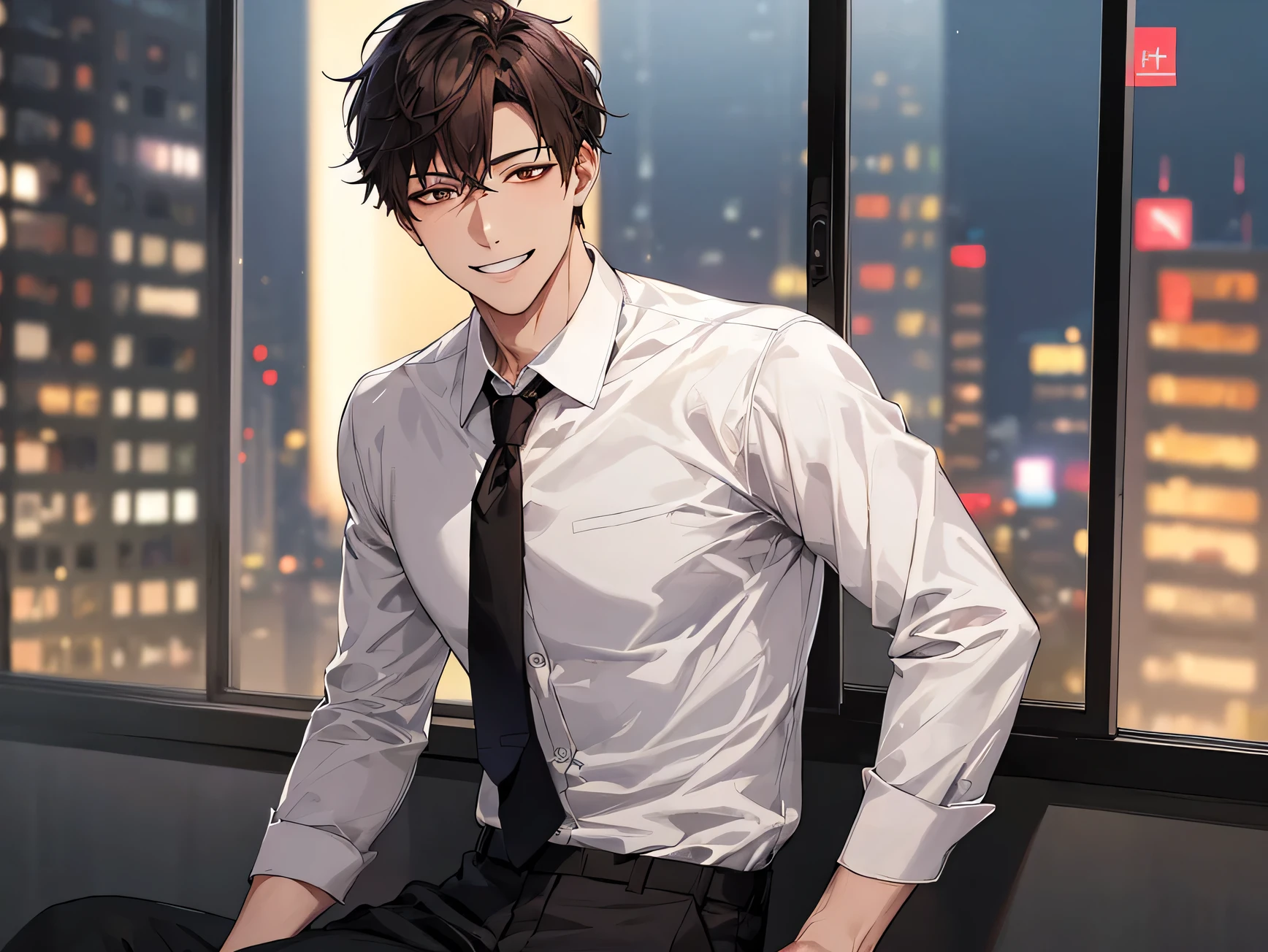 Dynamic Angle,male,Horny, , Adult, Smiling White Shirt, Brown eyes, black, tie, pants, highest quality, employment, Detailed face, office, Building seen from the window, Detailed Background, night,Deep night is written in the depth of the world, Bokeh