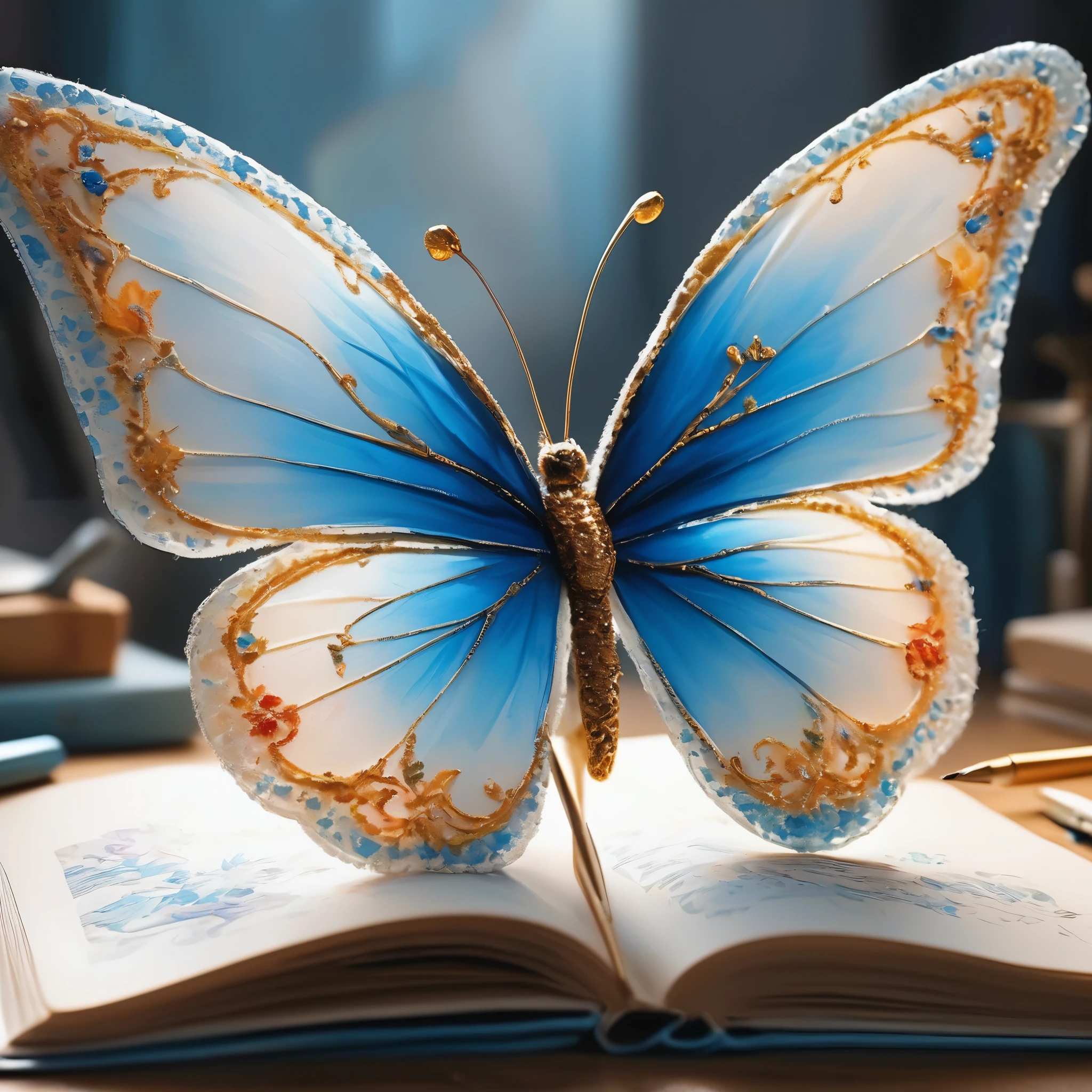 Produced by ais-rcn，8k Photo，letter，Like a blue butterfly，Dancing with the Pen，Transform ideas into beautiful works of art，Flexible，Side light，Paint painting