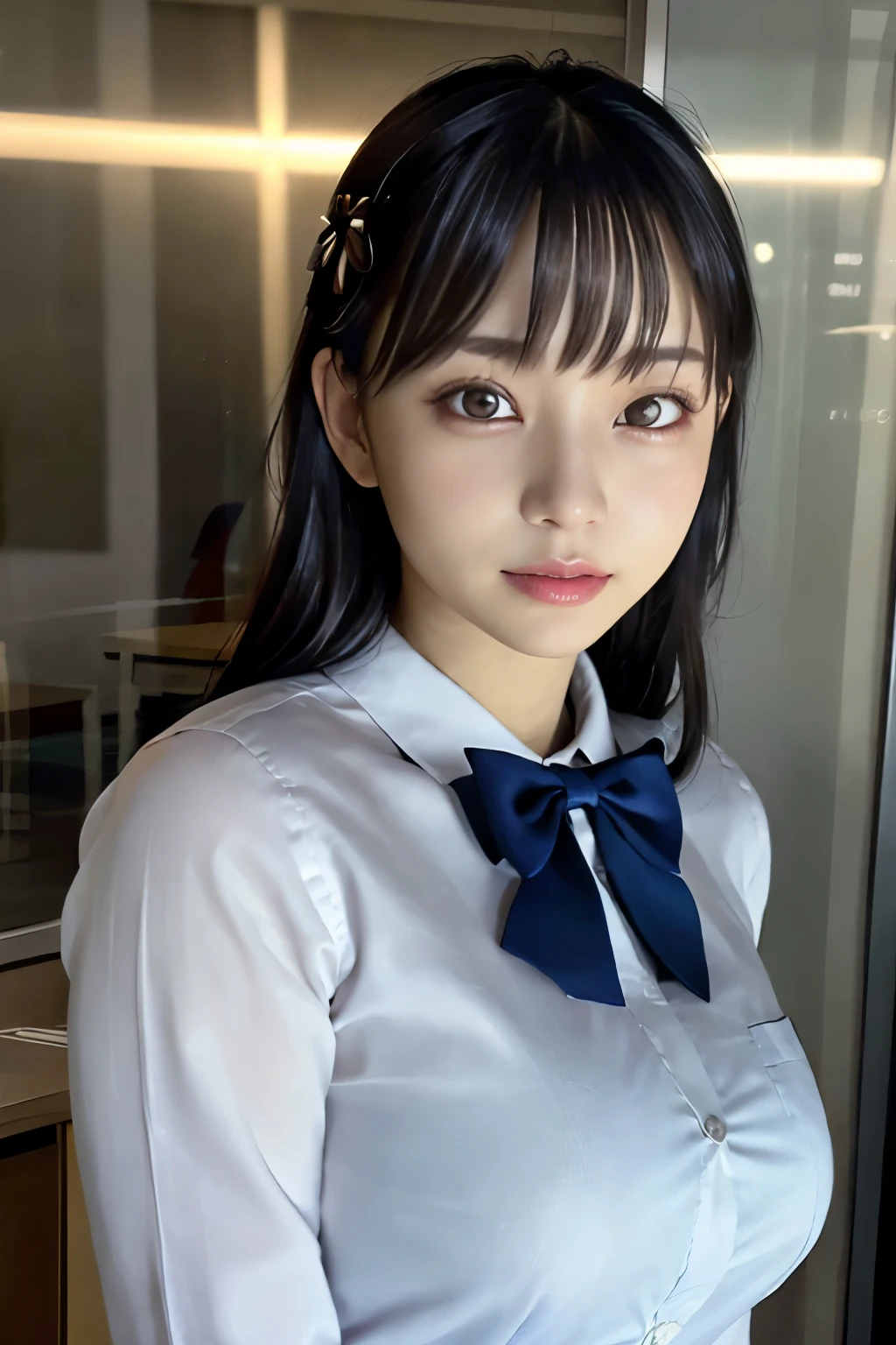 1 girl、White shirt、Mature Woman、Blunt bangs、bow、picture、Lifelike、highest quality、adopt、Detailed face、office、Building seen from the window、Detailed Background、Diffused sunlight、Depth of written boundary、Bokeh