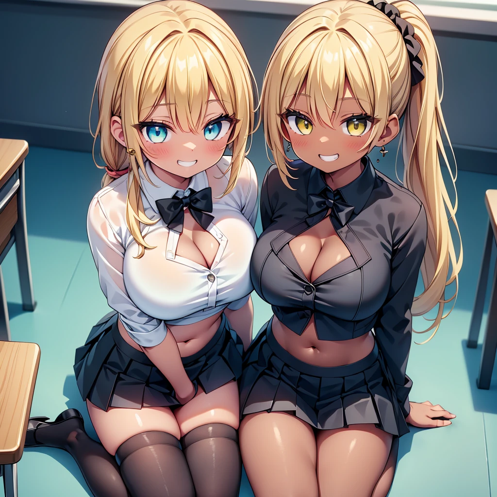 (cute eyes:1.2), (sparkling eyes:1.2), (8K、Best image quality、highest quality、masterpiece)、Detailed face、(2 girls)、Improve、((Brown Skin:1.3))、blonde、Low Ponytail、Scrunchie、Yellow Eyes、Earrings、Wicked Smile、((Grin))、 (skinny body:1.4), (huge breasts:1.1)、((White collared shirt))、(cleavage cutout:1.2), (crop top navel), Cleavage、((Black pleated skirt))、((mini skirt))、White socks、loafers、Sit on a chair、whole body、Taken from above、Classroom Background、 (black stockings:1.2), (Thighs), (Waistline),(from above:1.2)