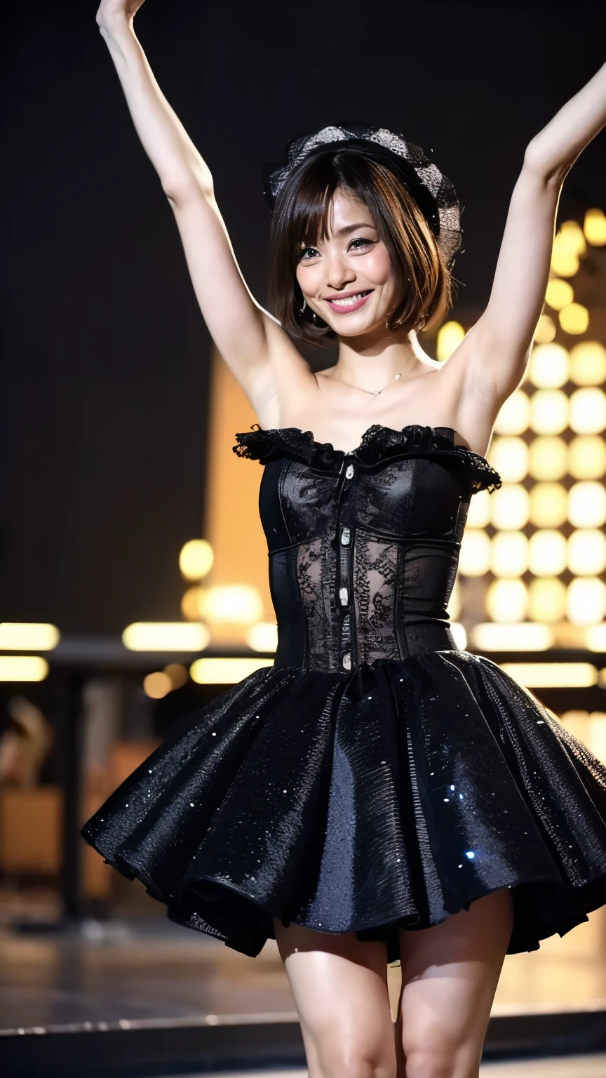 (((masterpiece, highest quality, Very detailed))), 1 female, (((Very thin body))) , (((length, Thin legs))), (((Black short bob, Thick and fluffy bangs ))), (((Very detailedな顔))), No cosmetics, Small, thin nose, Thin mouth and small lips, (((Very sharp focused eyes))), Precise pale grey eyes with large slits, Shining like a jewel, length eyelashes, ((Highly decorative and complex mechanical steampunk fashion, Lace Flare Mini Skirt, Above-the-knee lace stockings, Lace Off Shoulder ta Fashion, Overly decorative fashion)), Abandoned Night, Complex mechanized steampunk factory catches fire、explosion, (((Overall accuracy has been significantly improved, creating a Very detailed and realistic image))),  Ultra-realistic photos., ((15-yim, Narrow waist, Thin thighs, Thin arms)), ((Raise your arms, Please show me your armpits))