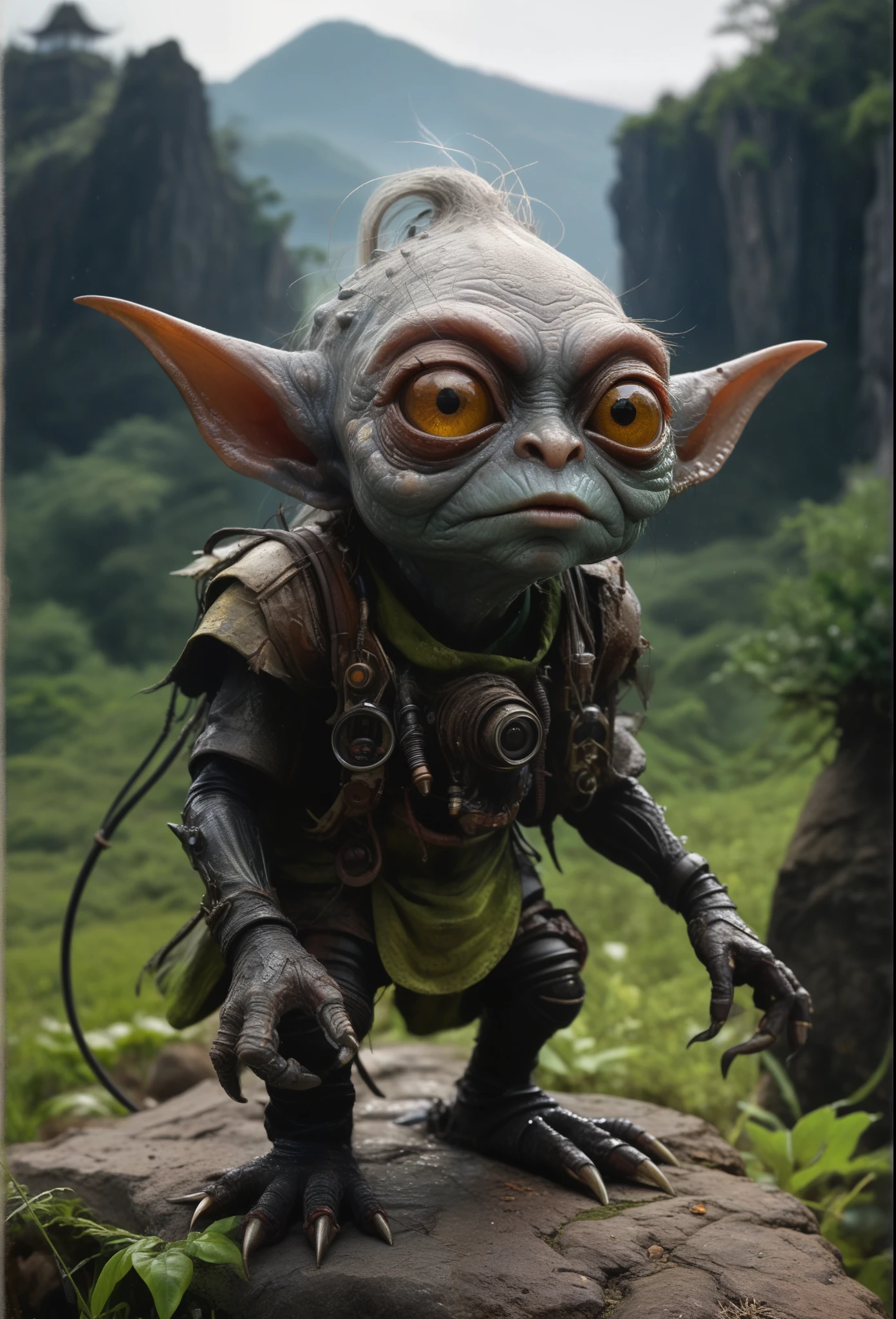 full-body-shot,Very tall , who can't fly,Cinematic, Technicolor,natural skin textures, hyper realisitc, hyper detailed,Extremely detailed,High contrast,Realistic,Chalsedoon goblin, back view,full body length,evil ghost,Hobgoblin,pretty face,intricate details,realistic humid skin,extremely intricate details,anatomically correct, eyes extremely detailed, high detailed eyes,High contrast,Ultra HD,Retina,HDR,photo,photorealism,Masterpiece, natural skin textures, hyper realism,hyper detailed,High contrast,(HDR:1.4),Realism,Ultra Detailed,irina yermolova, close full body shot,16K resolution,RAW, Nikon Z9,Paul Zizka,full body length,niobium goblin,native irish,pretty face,eyebrow up,full body shot,ominous landscape,niobium gray atmosphere,by art Simon Stalenhag,Nicola Samori,(((Wangechi Mutu))),prime colors,urban,extremely detailed,masterpiece,intricate details,faded,eyes extremely detailed, high detailed eyes,4k resolution,islands levitating above ground, Nikon Z9,scary village,stalker,Stone Forest in Yunnan Province of China
