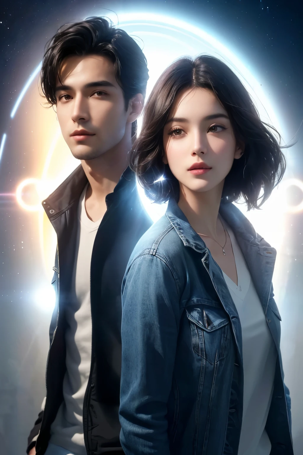 A handsome man and a beautiful woman. Twenties. The man has short black hair. The woman has dark brown hair. He is wearing a jacket and jeans. A portal emitting a bluish-white light appears in the space behind the two. A masterpiece. 4K image quality.