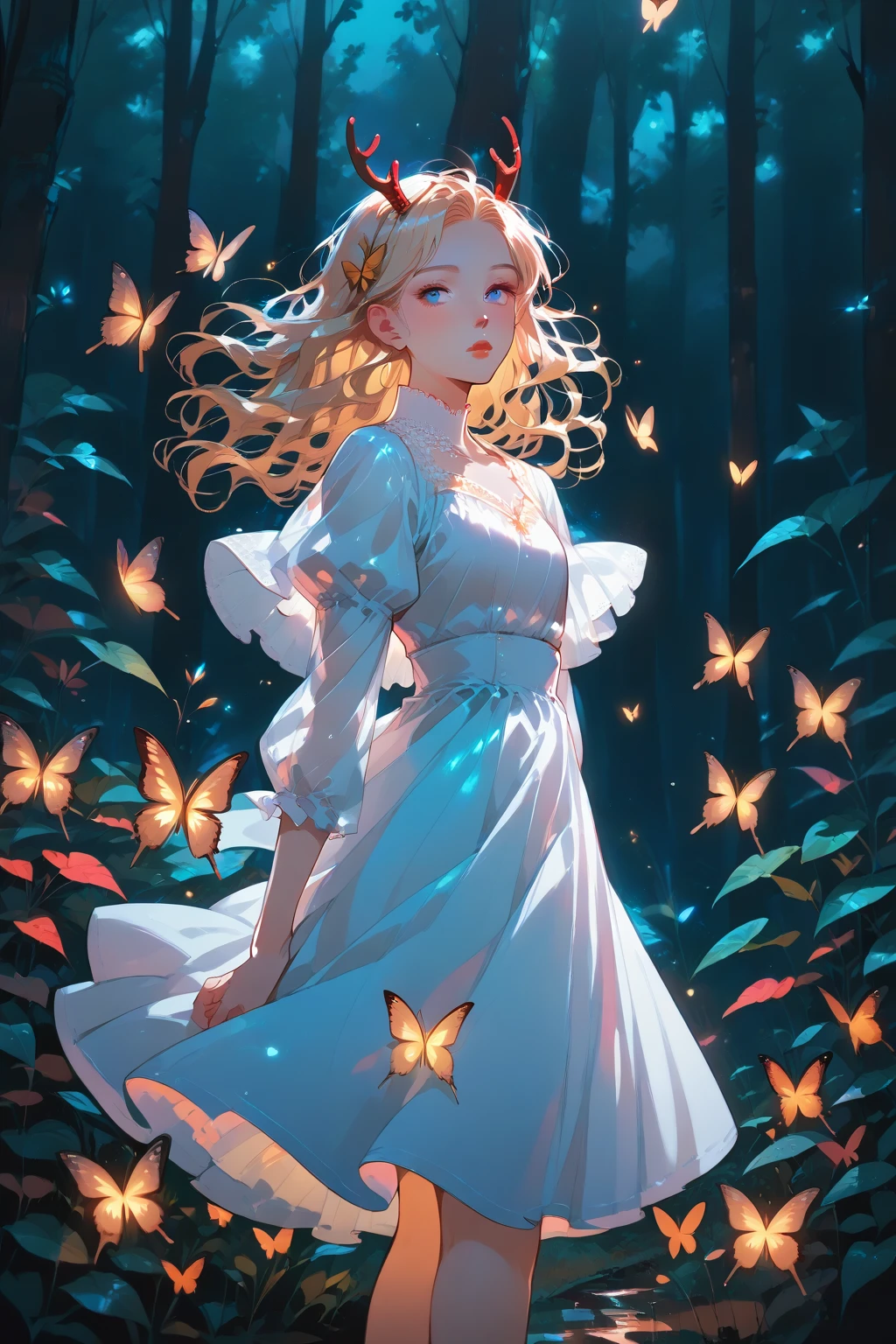 score_9,score_8_up,score_7_up, score_9,score_8_up,score_7_up, 1girl,long hair,looking at viewer,blue eyes,blonde hair,long sleeves,dress,closed mouth,standing,outdoors,horns,puffy sleeves,white dress,from side,tree,lips,looking to the side,night,feet out of frame,blue dress,glowing,leaf,wavy hair,bug,plant,butterfly,nature,forest,antennae,arms at sides,red lips,antlers,yellow butterfly
