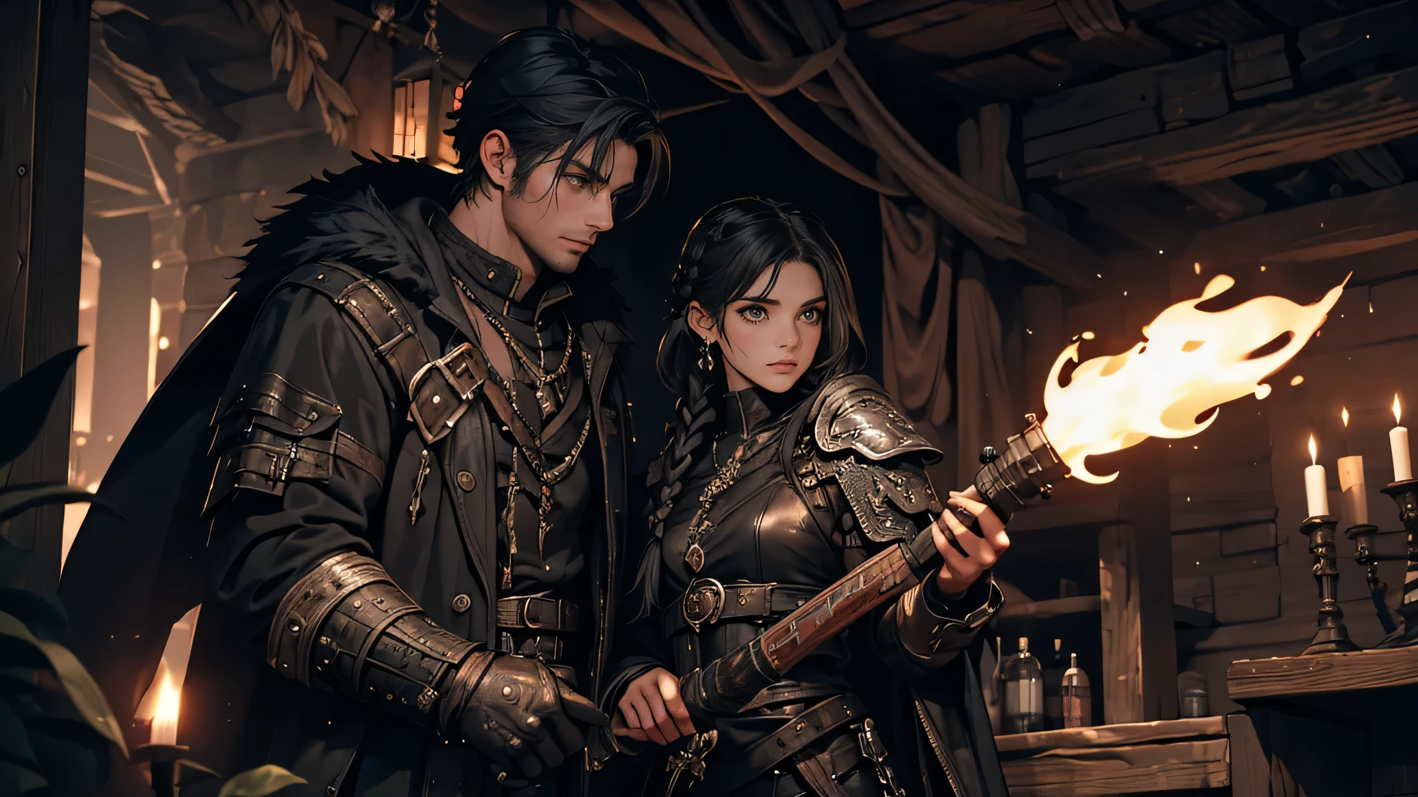 A dark, mysterious fantasy scene set in an underground cave featuring a girl with long, braided black hair dressed in black and white adventurer clothes and a young man with black hair in tattered white clothes, both holding torches, facing a menacing basilisk cobra monster. Black and white, high contrast, detailed, Gothic aesthetic --ar 16:9 --s 150 --c 10