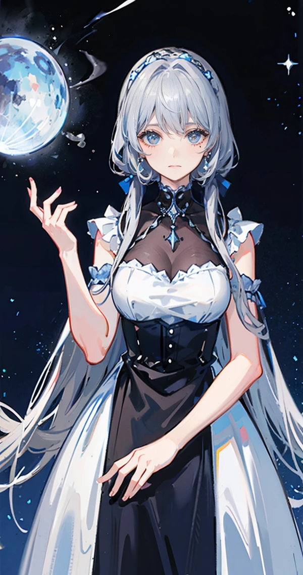 woman, Gray Hair, blue eyes, Dark color dresses, Milky Way, crab, null, performer, Constellation: Cancer.