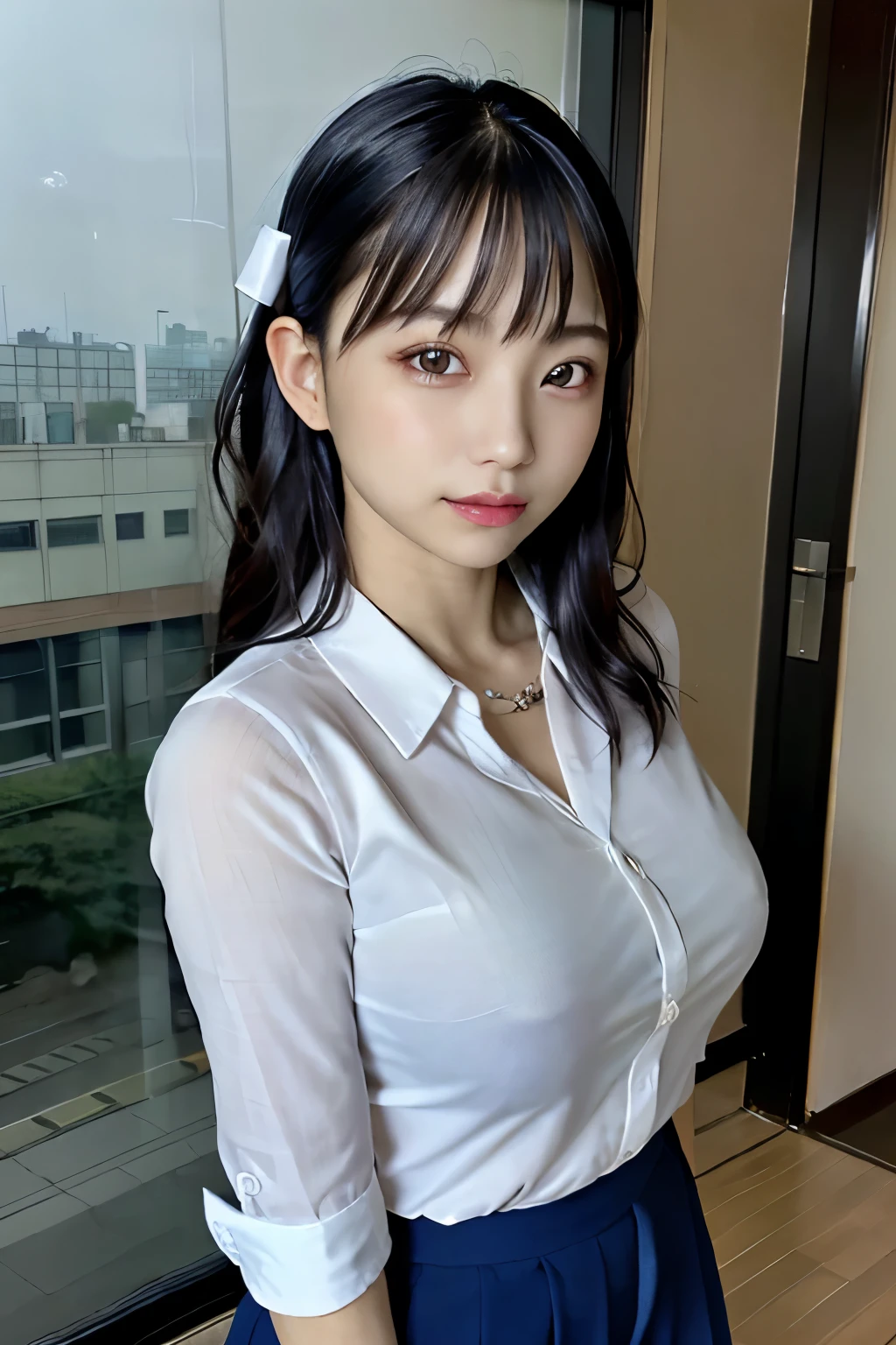 1 girl、White shirt、Mature Woman、Blunt bangs、bow、picture、Lifelike、highest quality、adopt、Detailed face、office、Building seen from the window、Detailed Background、Diffused sunlight、Depth of written boundary、Bokeh
