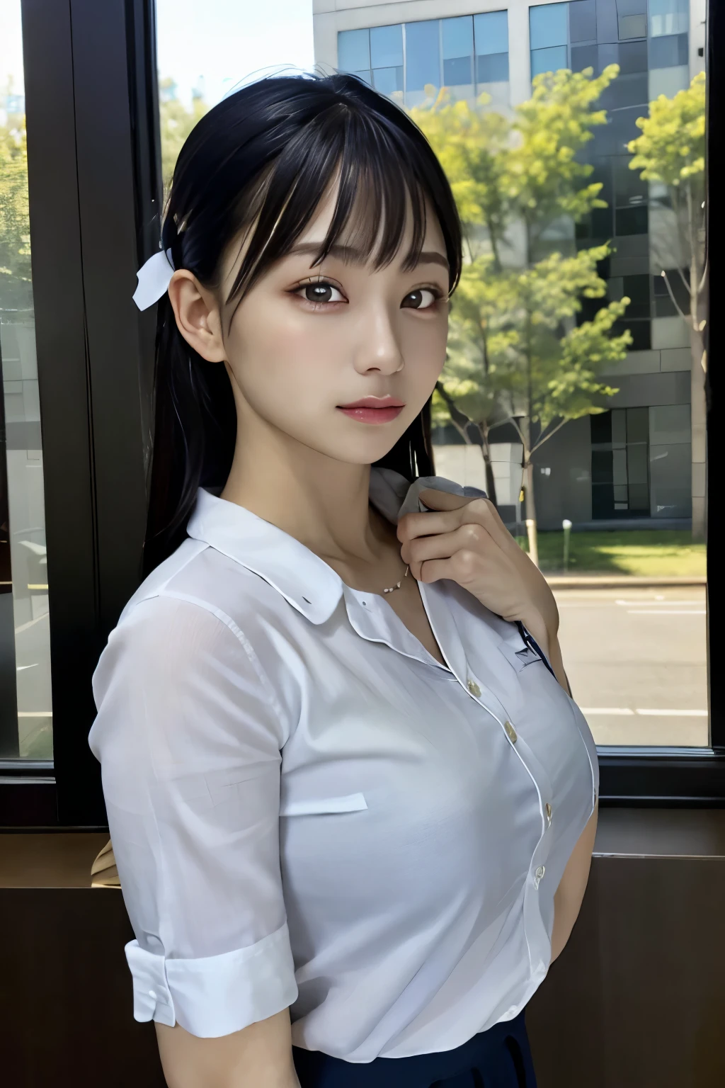 1 girl、White shirt、Mature Woman、Blunt bangs、bow、picture、Lifelike、highest quality、adopt、Detailed face、office、Building seen from the window、Detailed Background、Diffused sunlight、Depth of written boundary、Bokeh