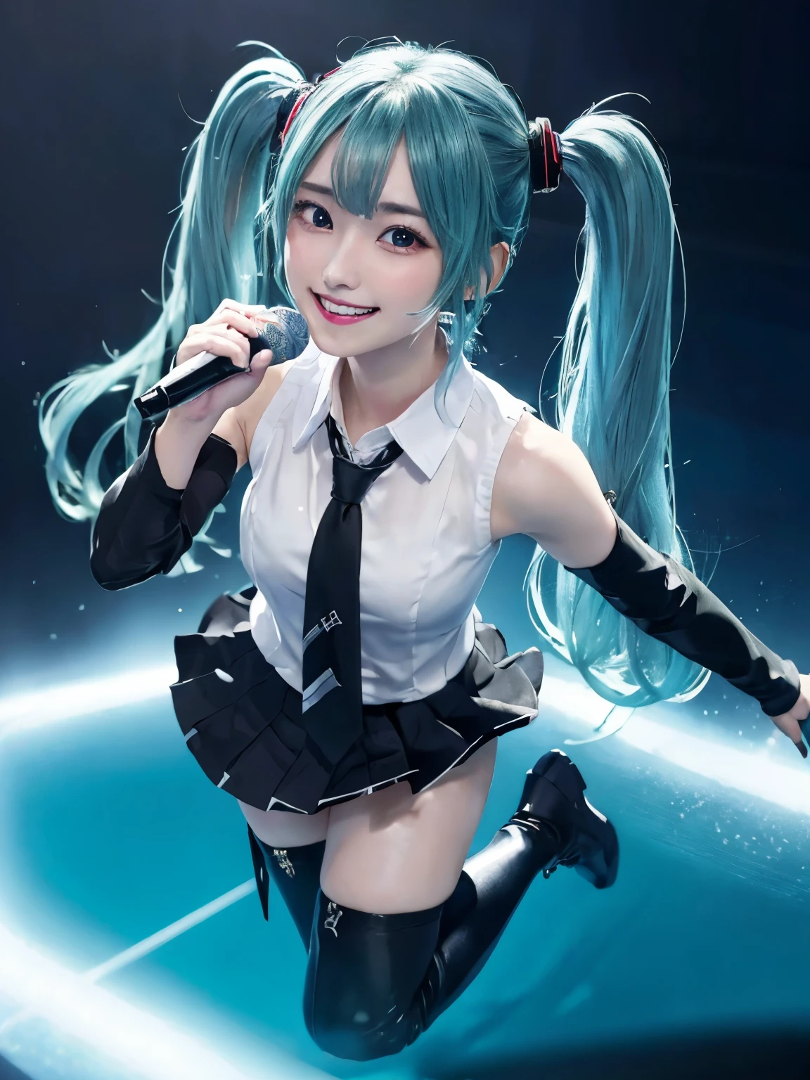 8k, RAW photo, best quality, masterpiece, realistic, photo-realistic, clear, professional lighting, beautiful face, best quality, ultra high res, break, Cute pose, best quality, masterpiece, ultra high res, (photorealistic:1.4), break,
japanese female, break,
 (((singing with a microphone))), mouth open and singing, break,
 from front, (looking at viewer:1.5), (Warm Smile:1.5), break, (beautiful japanese idol), break, 
miku hatsune, ahoge, aqua eyes, aqua hair, crossed bangs, hair between eyes, hair ornament, headphones, long hair, twintails, break, 
aqua necktie, black footwear, black skirt, black sleeves, boots, collared shirt, detached sleeves, grey shirt, necktie, pleated skirt, shirt, skirt, sleeveless, sleeveless shirt, thigh boots, tie clip, break,
spotlighte, xtreamely detailed background, live stage, neon light,
