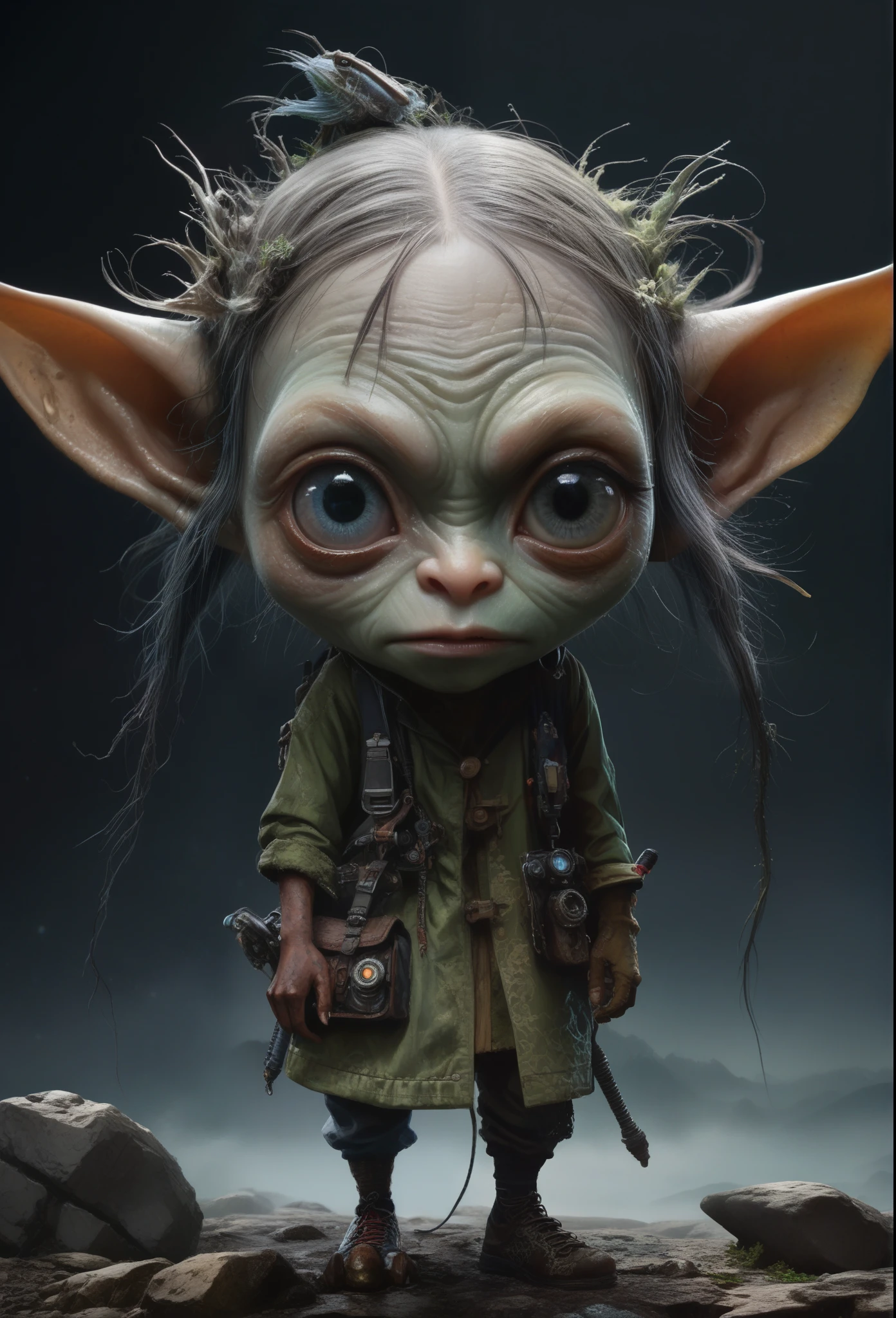 full-body-shot,Very tall , who can't fly,Cinematic, Technicolor,natural skin textures, hyper realisitc, hyper detailed,Extremely detailed,High contrast,Realistic,Chalsedoon goblin, back view,full body length,evil ghost,Hobgoblin,pretty face,intricate details,realistic humid skin,extremely intricate details,anatomically correct, eyes extremely detailed, high detailed eyes,High contrast,Ultra HD,Retina,HDR,photo,photorealism,Masterpiece, natural skin textures, hyper realism,hyper detailed,High contrast,(HDR:1.4),Realism,Ultra Detailed,irina yermolova, close full body shot,16K resolution,RAW, Nikon Z9,Paul Zizka,full body length,niobium goblin,native irish,pretty face,eyebrow up,full body shot,ominous landscape,niobium gray atmosphere,by art Simon Stalenhag,Nicola Samori,(((Wangechi Mutu))),prime colors,urban,extremely detailed,masterpiece,intricate details,faded,eyes extremely detailed, high detailed eyes,4k resolution,islands levitating above ground, Nikon Z9,scary village,stalker,Stone Forest in Yunnan Province of China