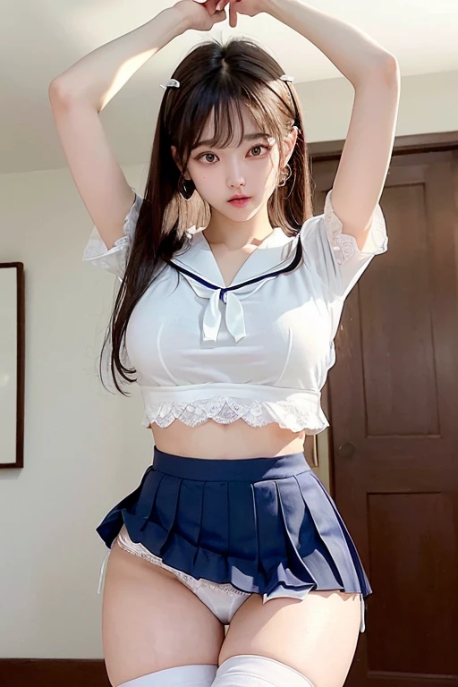 highest quality、、high school girl 、very cute、((Large Breasts))、((Cute Woman))、((Showing the viewer her white lace panties))、(Ecstasy face)、Long brown hair with bangs、Earrings、Long legs、Perfect balance、Slim woman、(Increase the resolution)、(8k)、(Very detailed)、(Beautiful big eyes)、Droopy eyes、(highest quality)、(Very detailed)、(masterpiece)、(wallpaper)、(Detailed face)、((White short-sleeved sailor suit:1.3))、(Navy Pleated Mini Skirt:1.5)、((Perfect Anatomy))、Perfect limbs、Perfect Fingers、((very slim thin thighs))、(very slim slender legs)、((barefoot))、(Spread your legs:1.3)、(Lift one leg and tie it:1.3)、(Navy Pleated Mini Skirtが捲れ上がって:1.5)、((White lace panties exposed:1.5))、(((torture)))、Handcuffed、bondage、(((With both arms tied with rope))、(((Raise your arms straight up)))、(((Suspended from the ceiling)))、((bondage))、(Angle from below)、((Her white panties are visible))、(A detailed drawing of white lace panties:1.3)、(Focus on white panties)、In a hotel room、