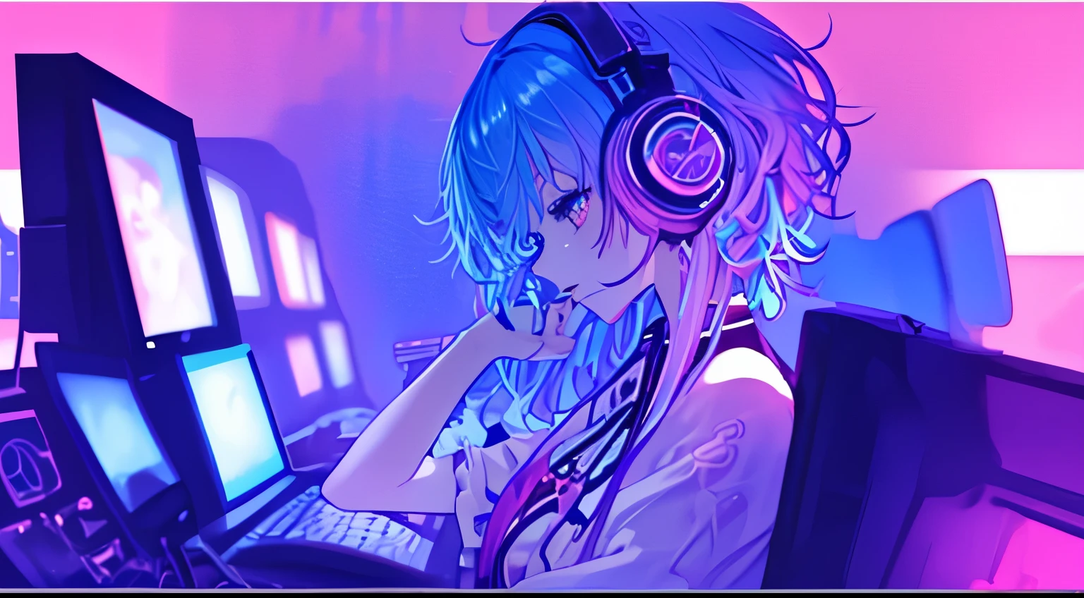 (masterpiece、top-quality、top-quality、watercolor paiting(afro)、Official Art、Beautifully Aesthetic:1.2)、(1girl in:1.3)、(Fractal art:1.3)、The upper part of the body、from side、looking at a computer、patterns、(blue-colored hair、colourful hair、Half blue and half pink hair:1.2)、Eau、colourfull、cyber punk、Operating a computer while listening to music with headphones on.