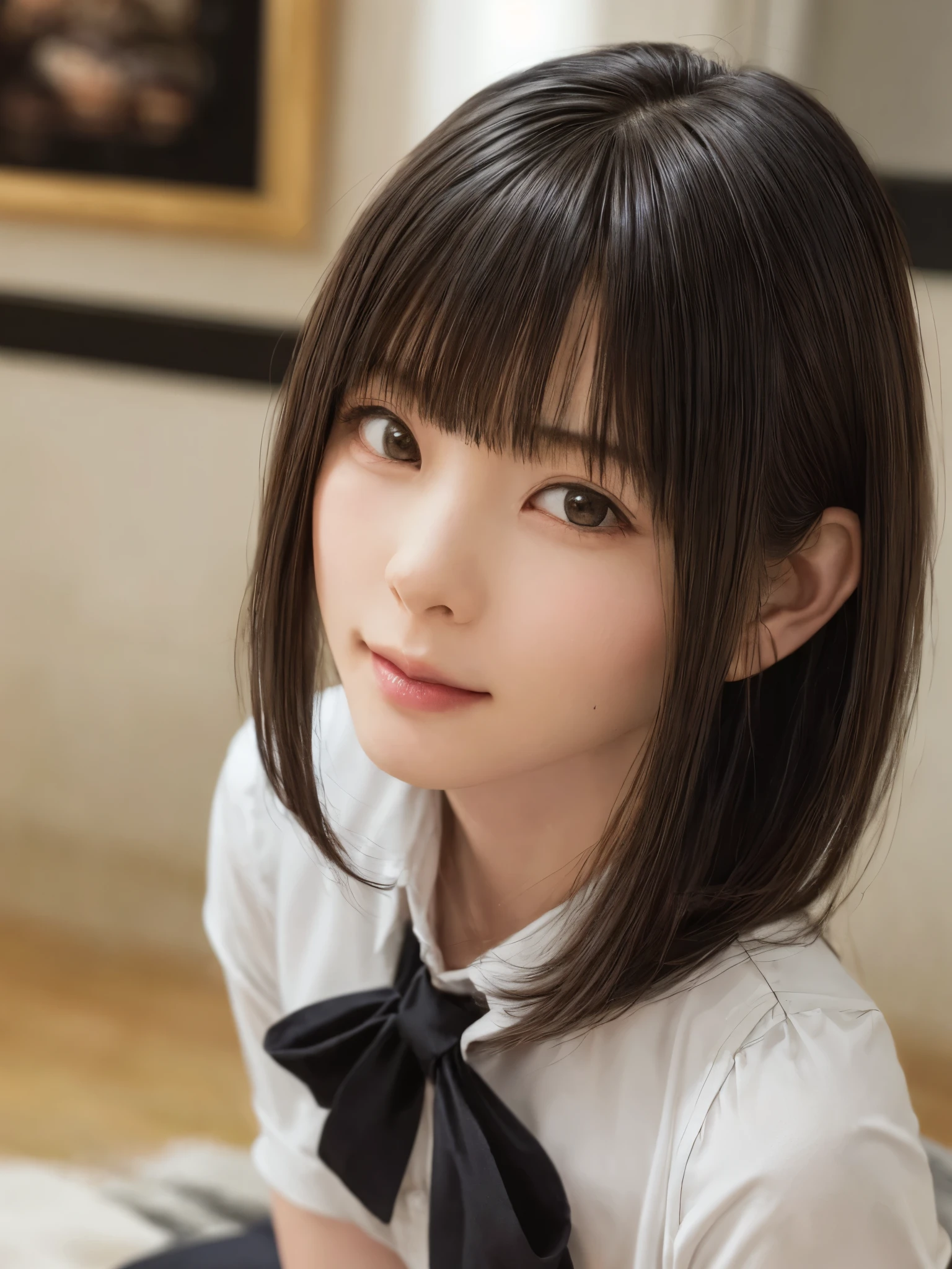 (masterpiece:1.3), (Realistic, RAW Photos, highest quality: 1.4), (One Girl), Beautiful Face, (超Realistic Face、シンメトリーのBeautiful Face), (Short black hair, short hair:1.6、bangs:1.3、Show off your beautiful ears), Beautiful hairstyle, (Realistic eyes), Beautiful details, Long eyelashes, (Realistic Skin), Beautiful Skin, [Big Breasts:1.3], (Perfect body:1.3), (Detailed body:1.2), (tie), (Collared shirt, Pleated skirt:1.3), Absurd, charm, Ultra-high resolution, Ultra-realistic, Very detailed, Golden Ratio,Very cute beautiful woman、28 years old