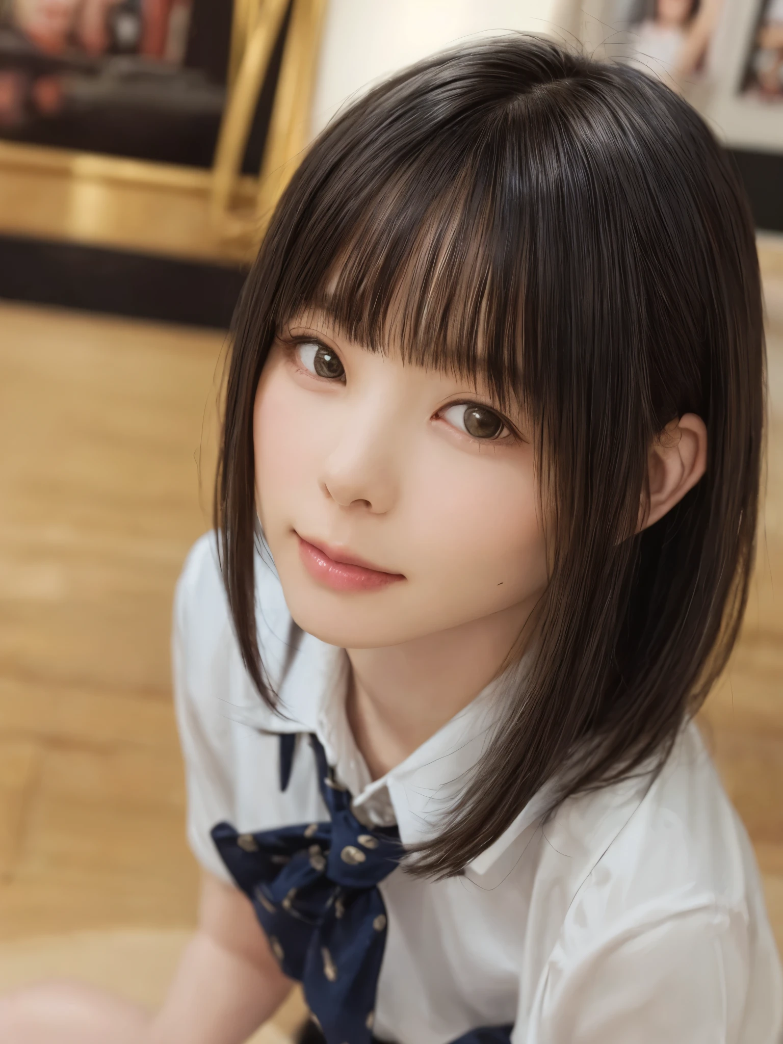 (masterpiece:1.3), (Realistic, RAW Photos, highest quality: 1.4), (One Girl), Beautiful Face, (超Realistic Face、シンメトリーのBeautiful Face), (Short black hair, short hair:1.6、bangs:1.3、Show off your beautiful ears), Beautiful hairstyle, (Realistic eyes), Beautiful details, Long eyelashes, (Realistic Skin), Beautiful Skin, [Big Breasts:1.3], (Perfect body:1.3), (Detailed body:1.2), (tie), (Collared shirt, Pleated skirt:1.3), Absurd, charm, Ultra-high resolution, Ultra-realistic, Very detailed, Golden Ratio,Very cute beautiful woman、28 years old