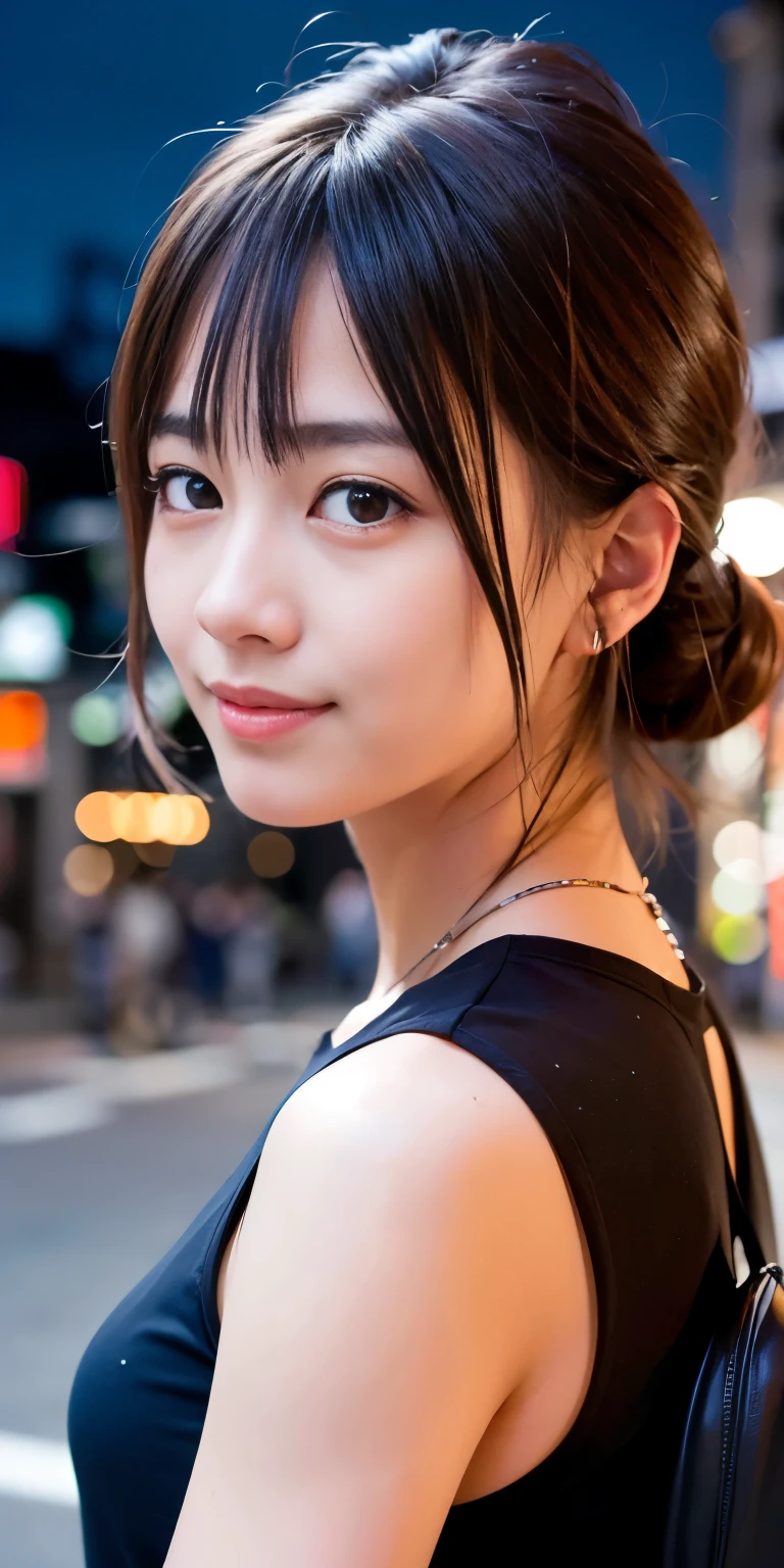 1 Girl, Tokyo Street,night, Streetscape,City lights,Upper Body,close,smile,, (8K, Raw photo, highest quality, masterpiece:1.2),(Realistic, photo-Realistic:1.37),