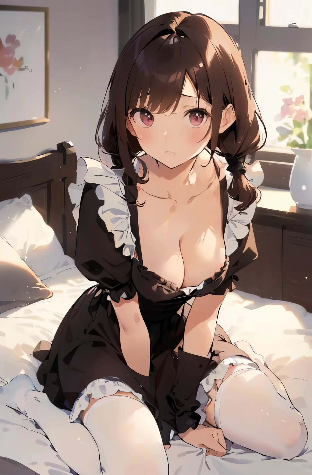 best quality, masterpiece, solo, 1 Female、Age 25、(Soft Bust:1.2)、Larger breasts、(Cleavage)、(Slender figure)、(Maid Style:1.2)、Thighs、Sitting、Chest thrust pose、(White highlight in pupil:1.2)、Dark reddish brown eyes、(Twin tail hair)、(Black-haired:1.2)、(View your viewers:1.2)、White skin、(blush)、(A sad expression)、Wooden bedroom、Wooden bed、(I blur the background a lot to make the woman stand out.:1.3)、(The sunlight shines in)、(Beautiful flowers in the background)