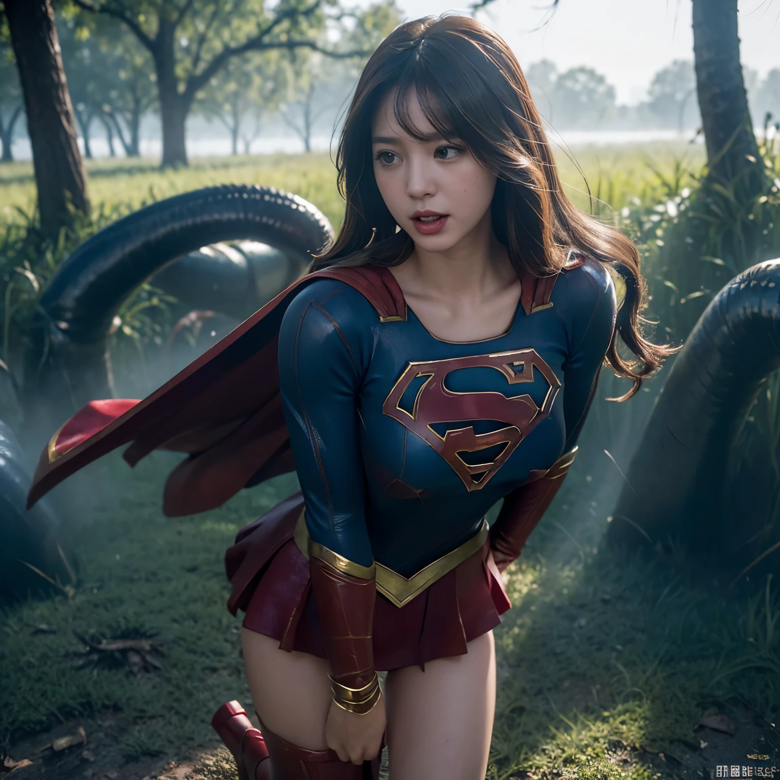 Beautiful Supergirl portrait、(Accurate Supergirl costume:1.3)、Glaring at the enemy、Open your mouth、Thigh、(Emphasize large breasts:1.3)、Studio shot、White background、Sunlight、front、Swamp、(Countless slugs crawling on my body:1,6)、(Slugs in the mouth:1.6)、